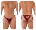CandyMan 99579 red lace thong with heart-shaped cutout and tied side strings in burgundy lace fabric
