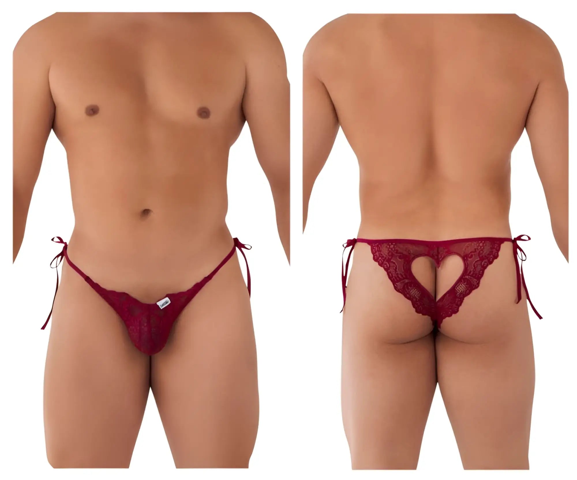 CandyMan 99579 red lace thong with heart-shaped cutout and tied side strings in burgundy lace fabric