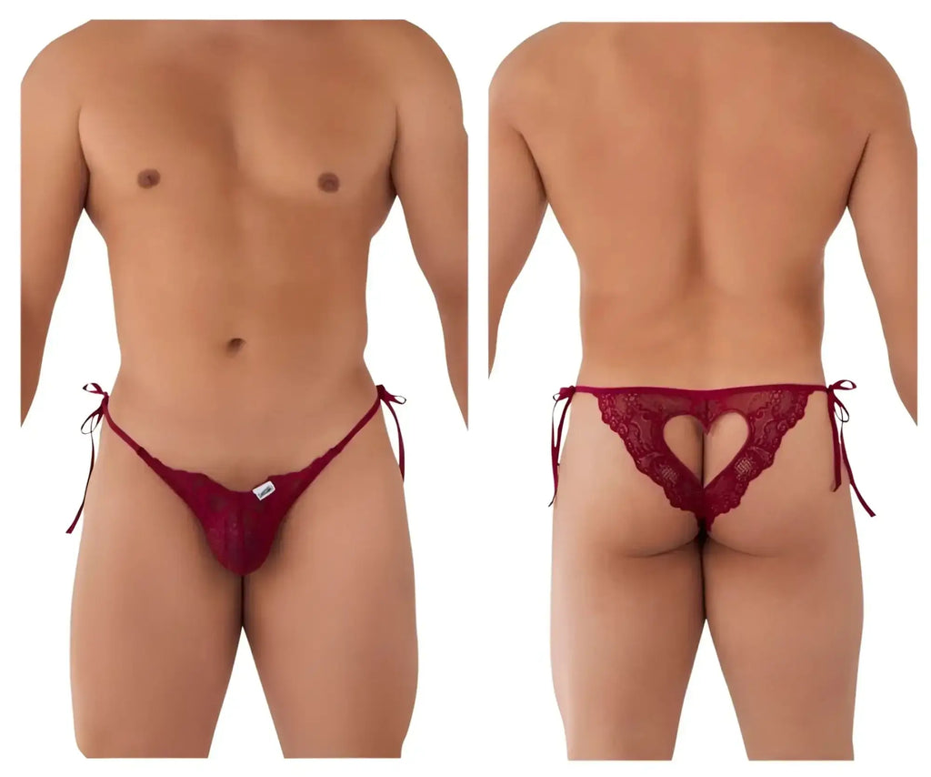 CandyMan 99579 red lace thong with heart-shaped cutout and tied side strings in burgundy lace fabric