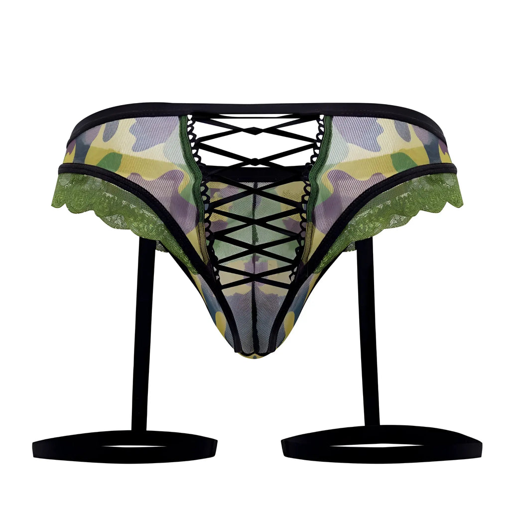 CandyMan 99580X garter camo thong in green with camouflage lace-trimmed garter belt and black crisscross lacing