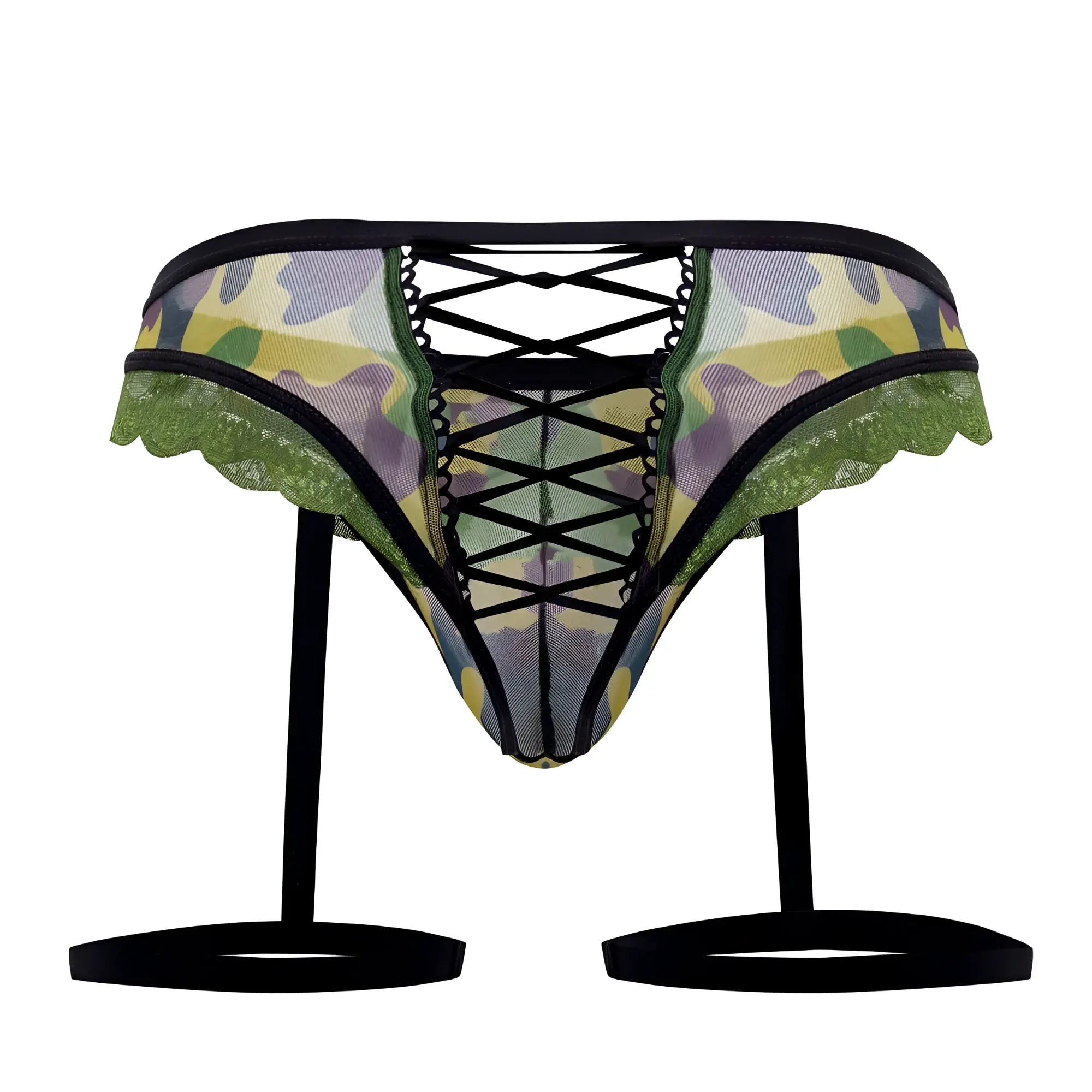 CandyMan 99580X garter camo thong in green with camouflage lace-trimmed garter belt and black crisscross lacing