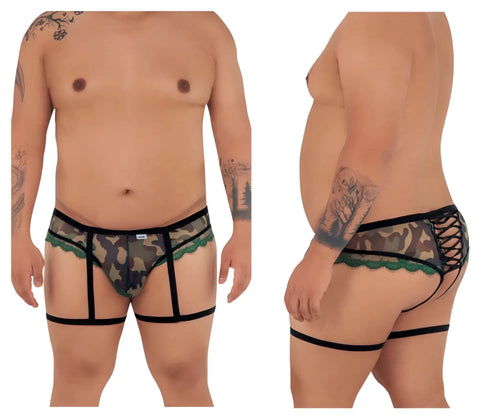 Back view of candyman 99580x garter camo thongs in green with camouflage lace trimmed briefs and crisscross straps