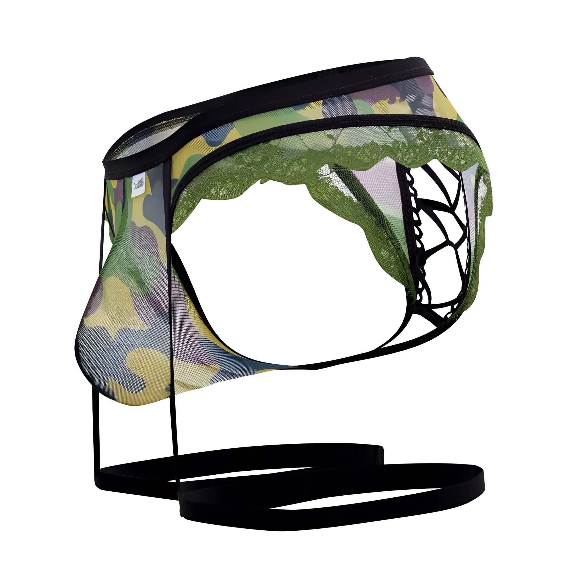 CandyMan 99580X garter camo thongs in green mesh briefs with black lace trim and adjustable straps