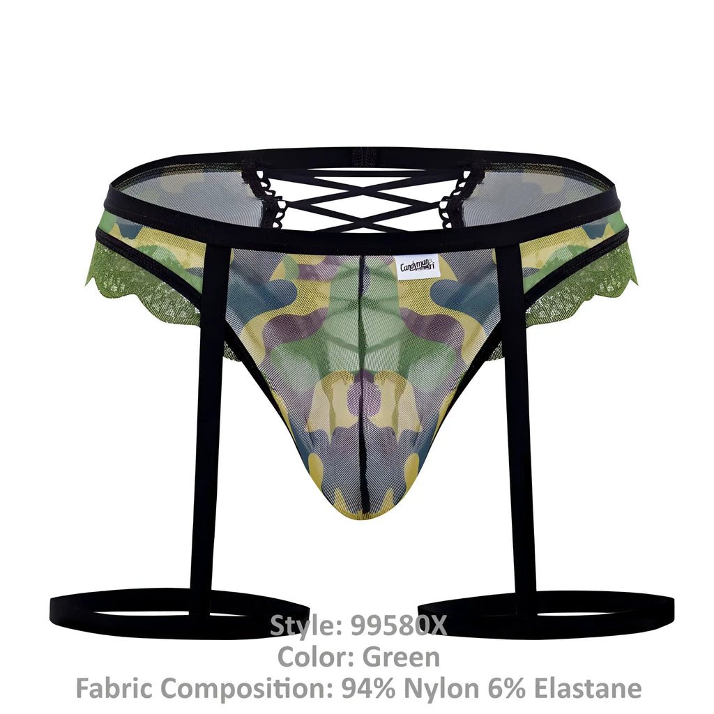 Candyman 99580x garter camo thongs green mesh briefs with black lace trim and adjustable straps front view