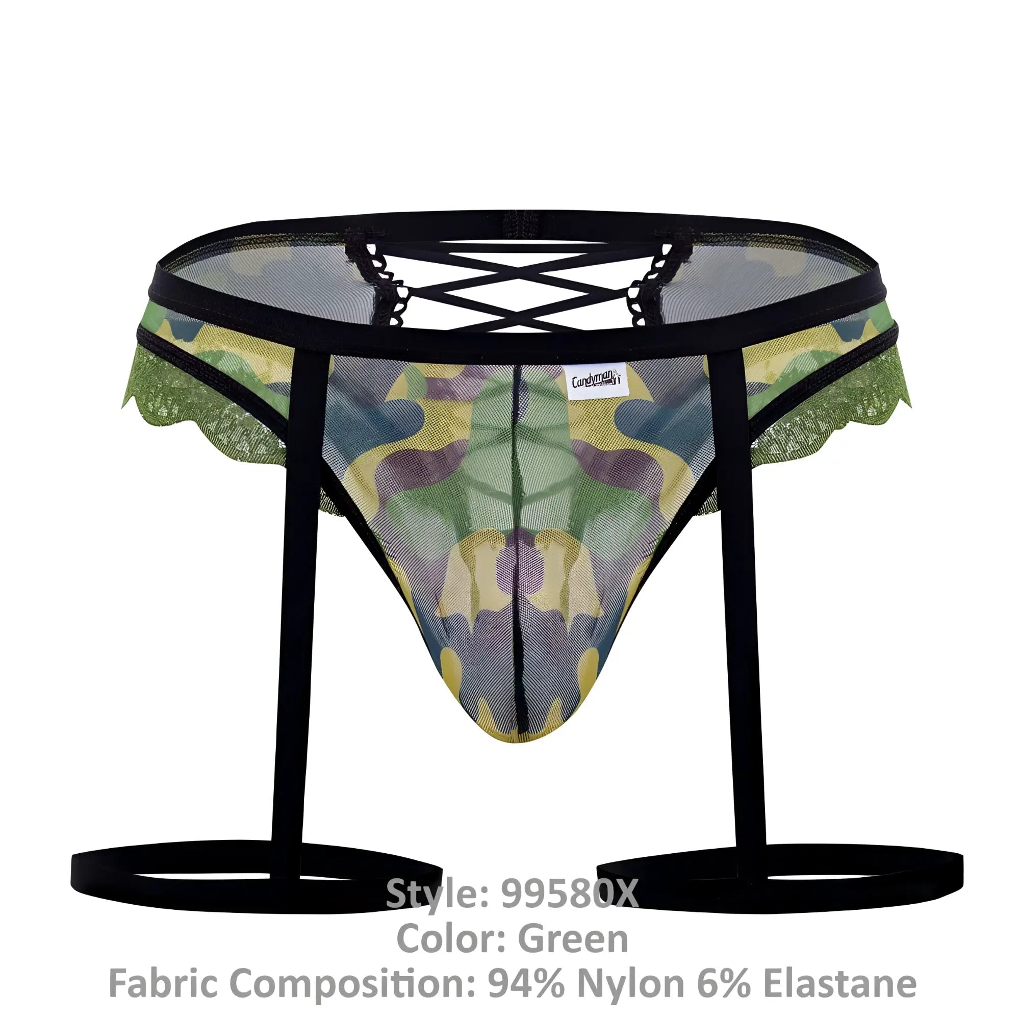 Candyman 99580x garter camo thongs green mesh briefs with black lace trim and adjustable straps front view