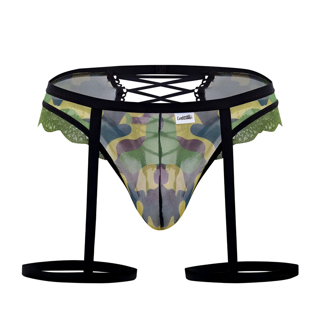 Candyman 99580x garter camo thongs in green mesh briefs with black lace trim and adjustable straps