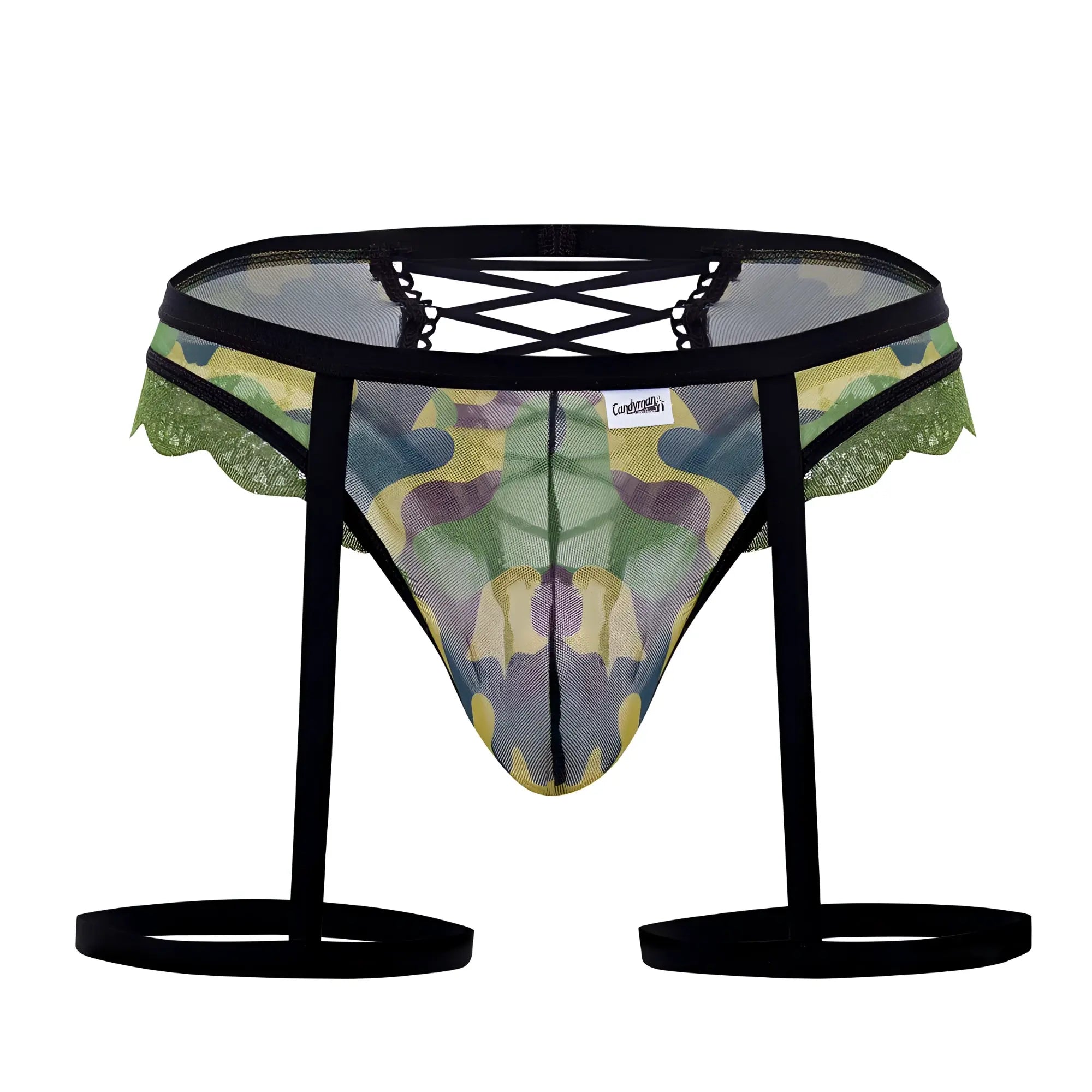 Candyman 99580x garter camo thongs in green mesh briefs with black lace trim and adjustable straps