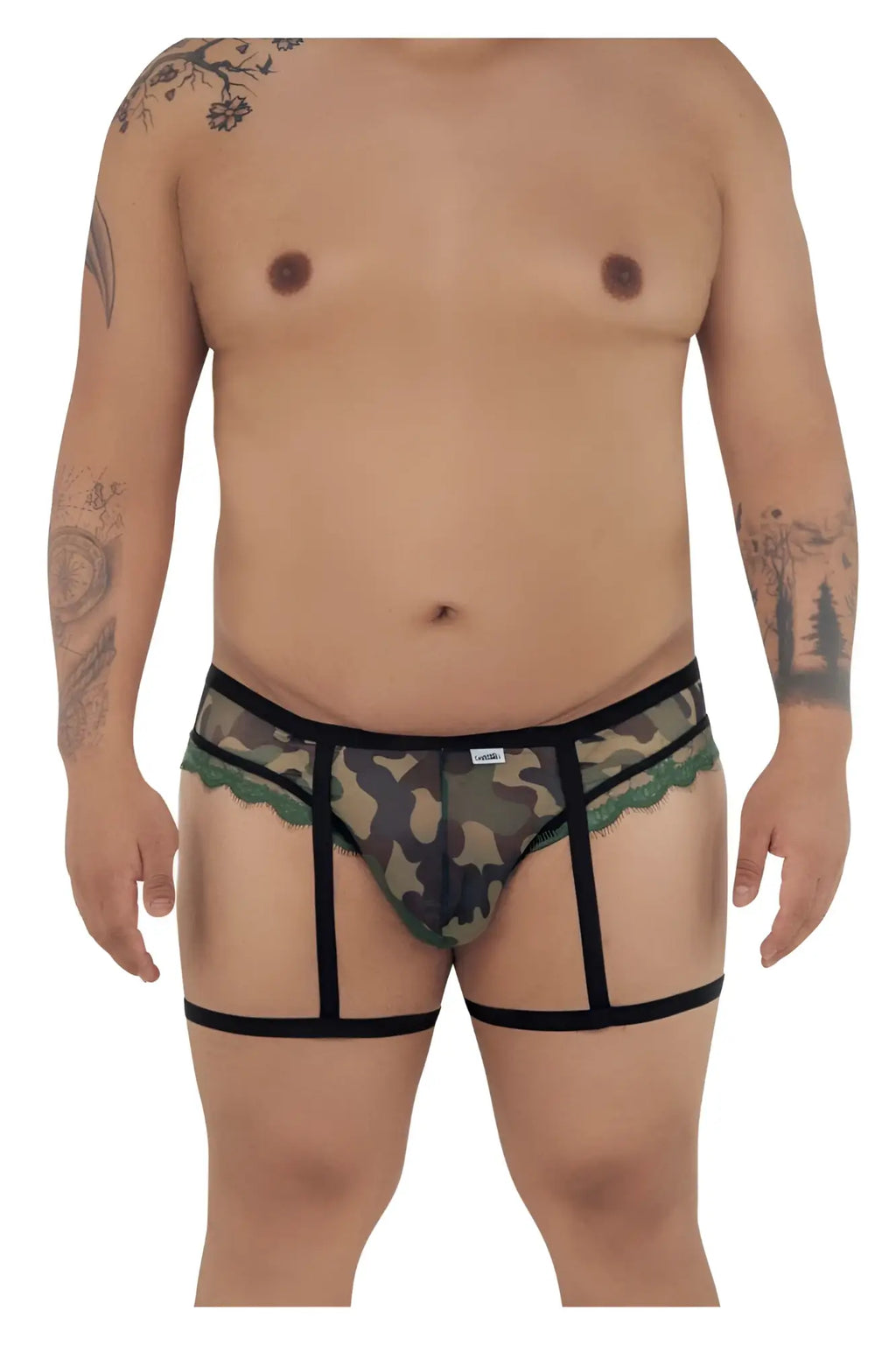 Camouflaged transparent briefs with black lace trim and supportive straps in green from Candyman 99580X Garter Camo Thongs