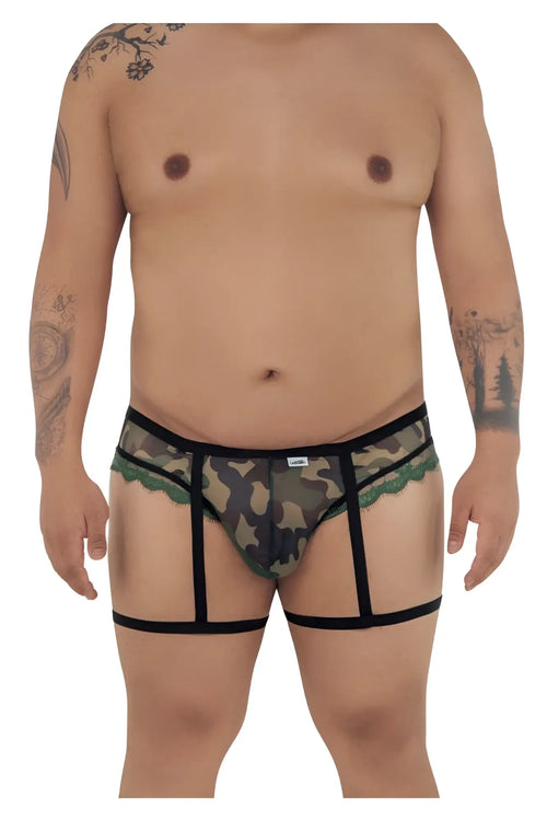 Camouflaged transparent briefs with black lace trim and supportive straps in green from Candyman 99580X Garter Camo Thongs