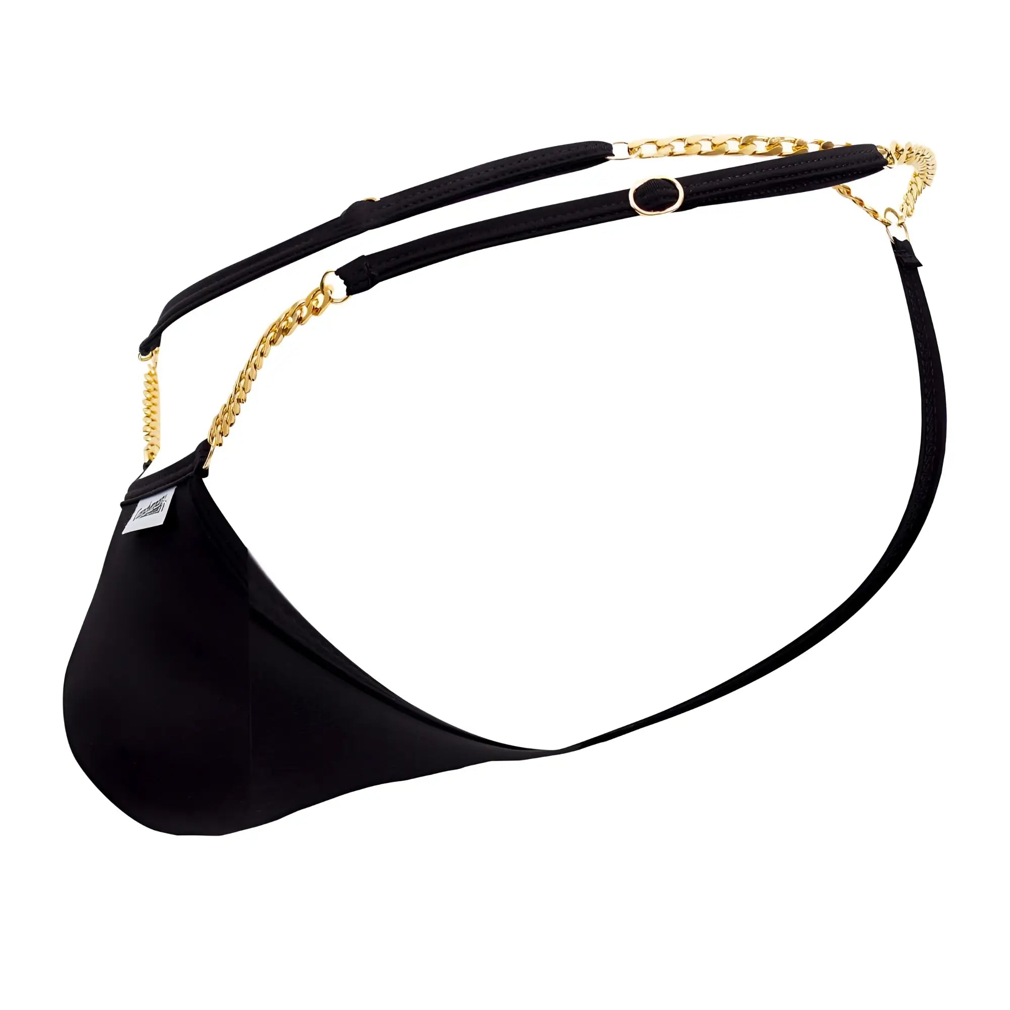 Black candyMan 99586 chain g-string thong featuring gold chain detailing and adjustable straps in fabric material