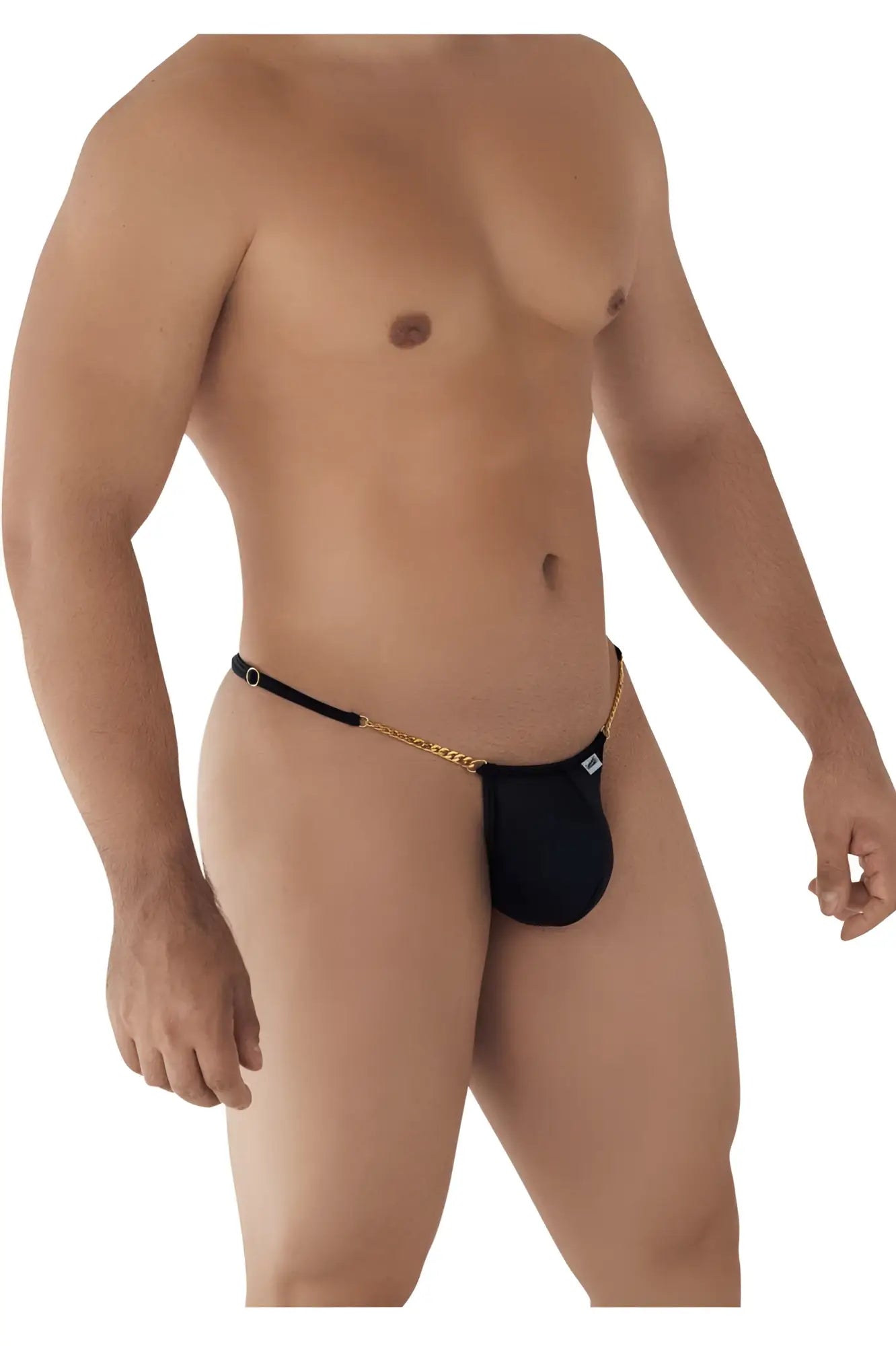 Black candyman 99586 chain g-string thong with gold chain detail and small white logo on the side visible from back
