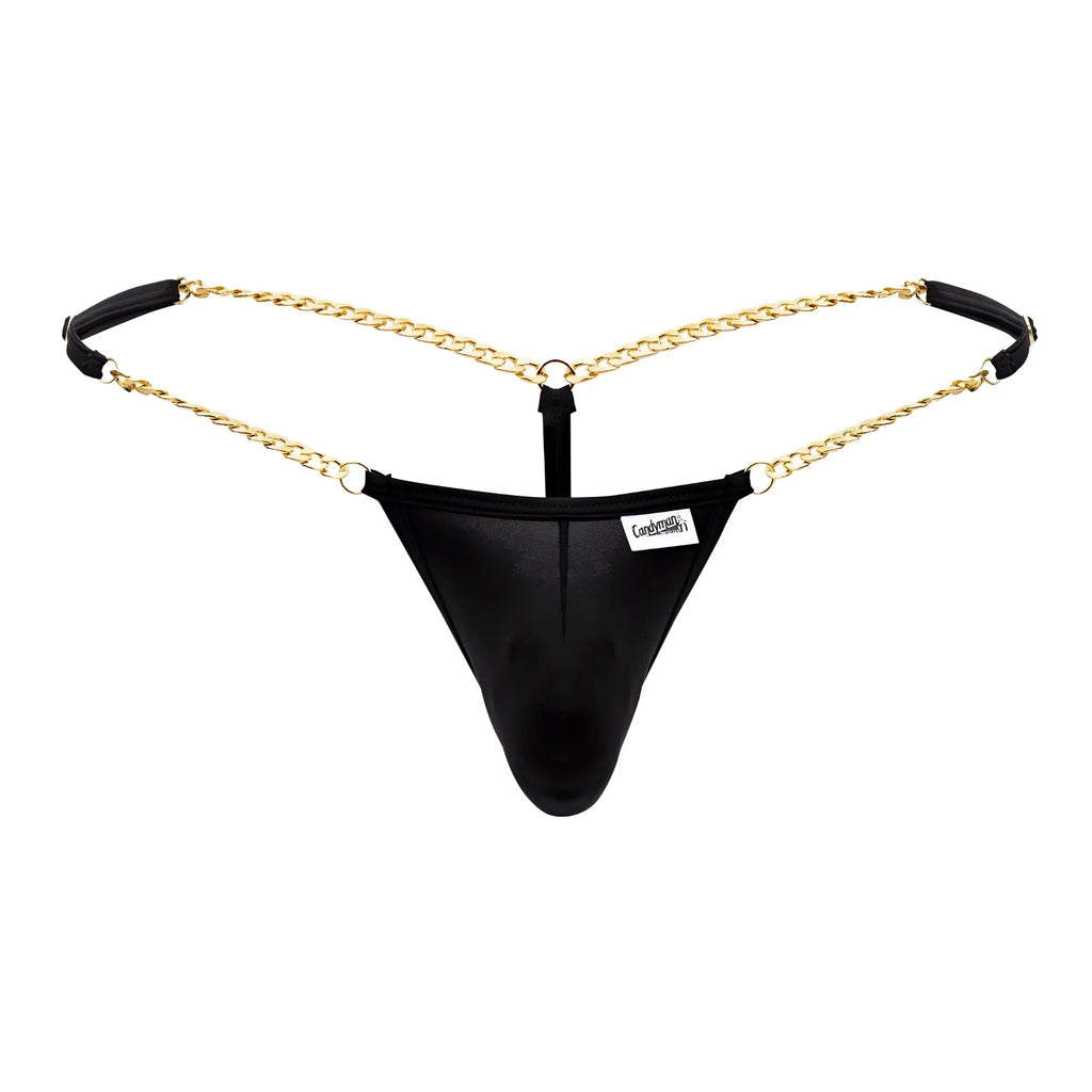 Black mesh thong candyMan 99586 chain g-string with gold chain detailing and black leather straps front view