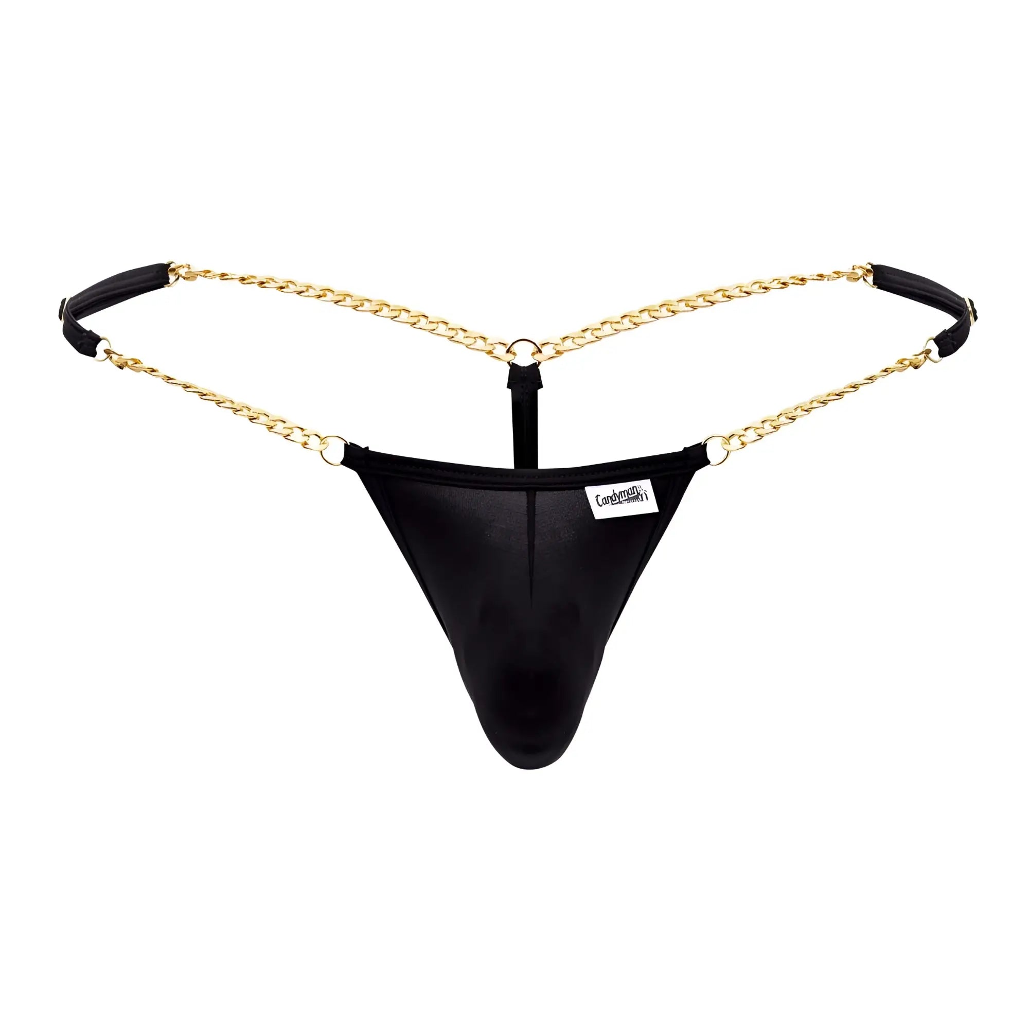 Black mesh thong candyMan 99586 chain g-string with gold chain detailing and black leather straps front view