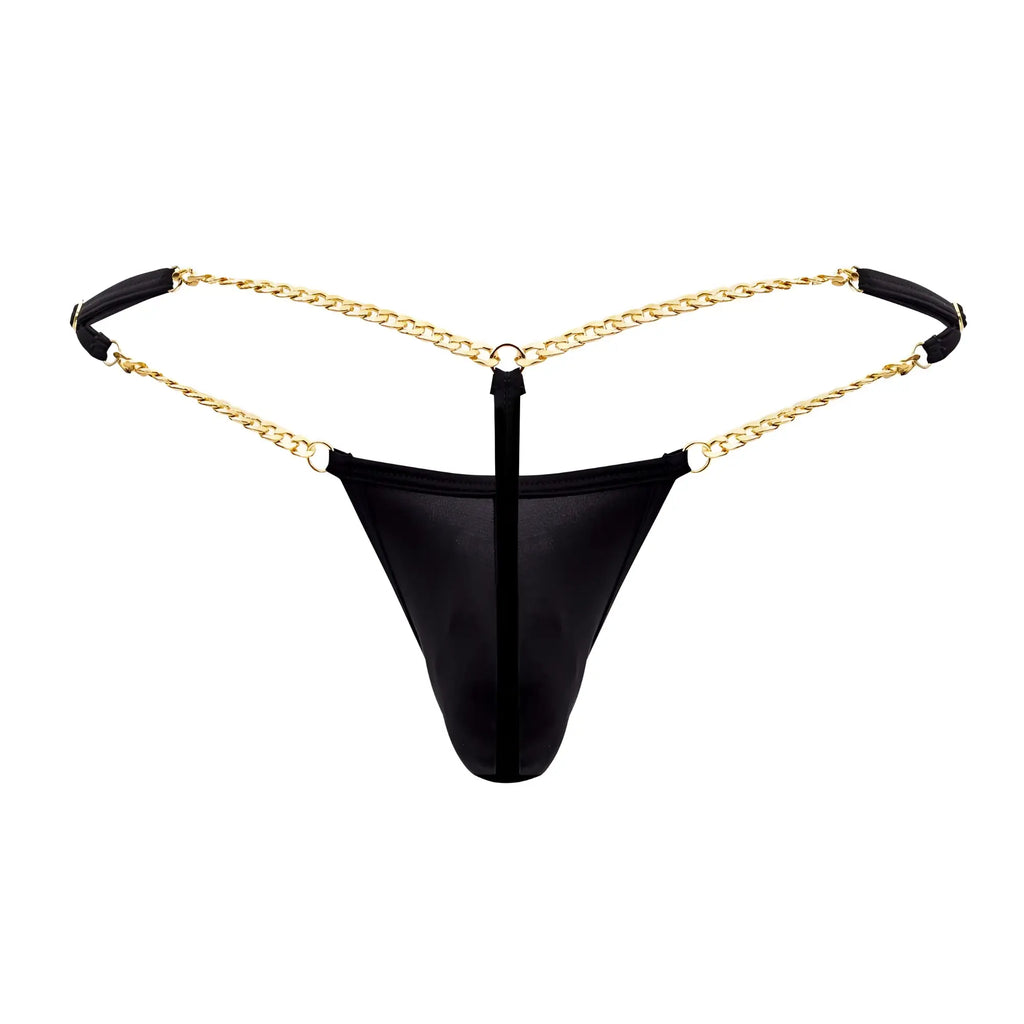 Black mesh thong candy man 99586 chain g-string with gold chain straps and black padded ends