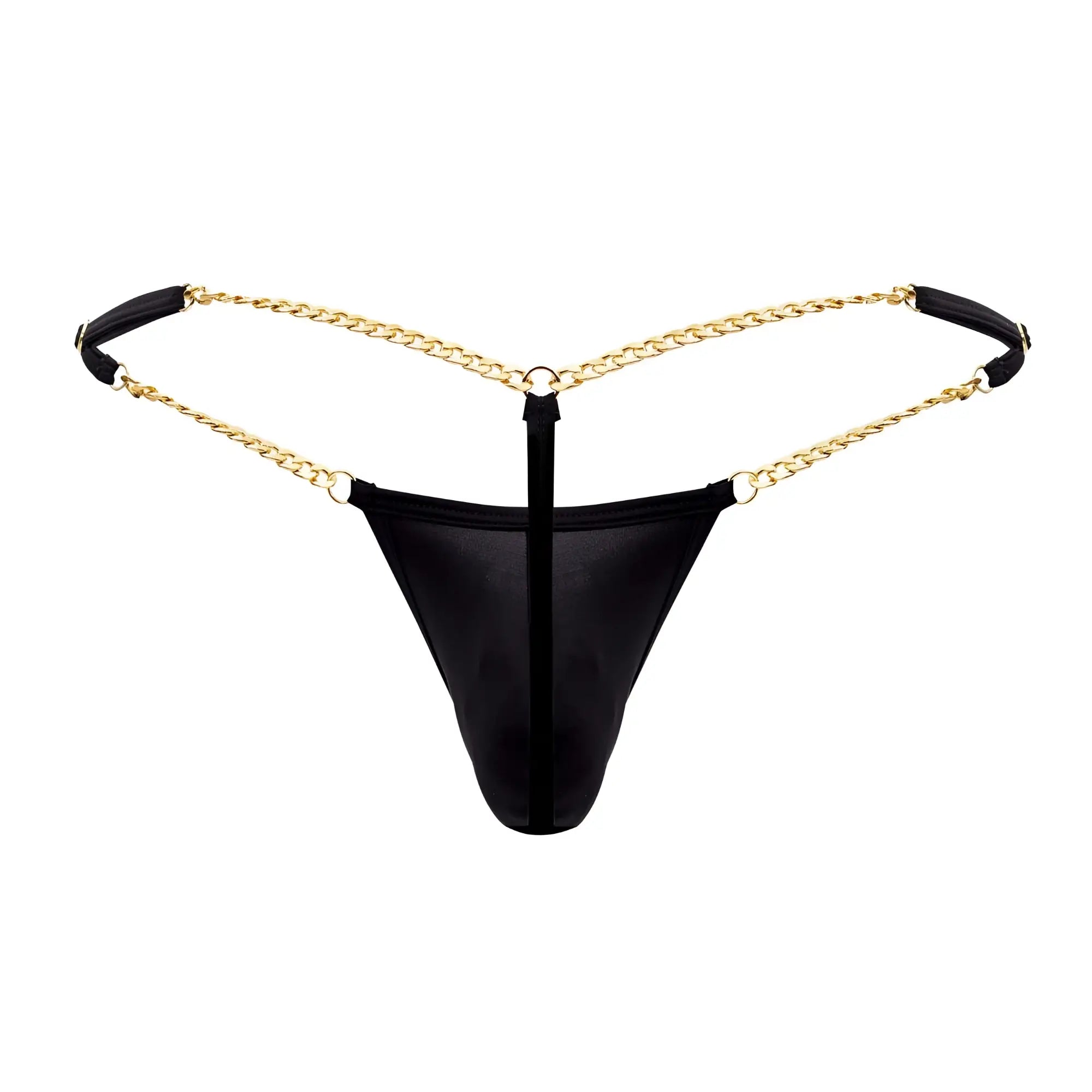 Black mesh thong candy man 99586 chain g-string with gold chain straps and black padded ends