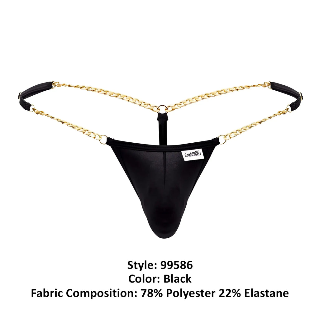 Black mesh thong chain g-string with gold chain straps and black fabric tabs candyMan 99586 side view