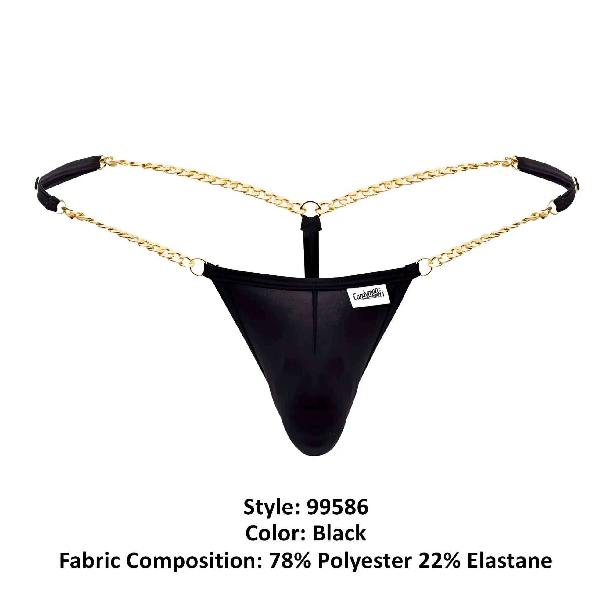 Black mesh thong chain g-string with gold chain straps and black fabric tabs candyMan 99586 side view