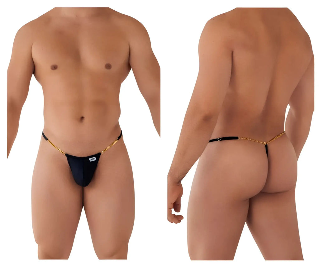 Black thong g-string with gold chain detail by candyman shown from the back in color black model 99586