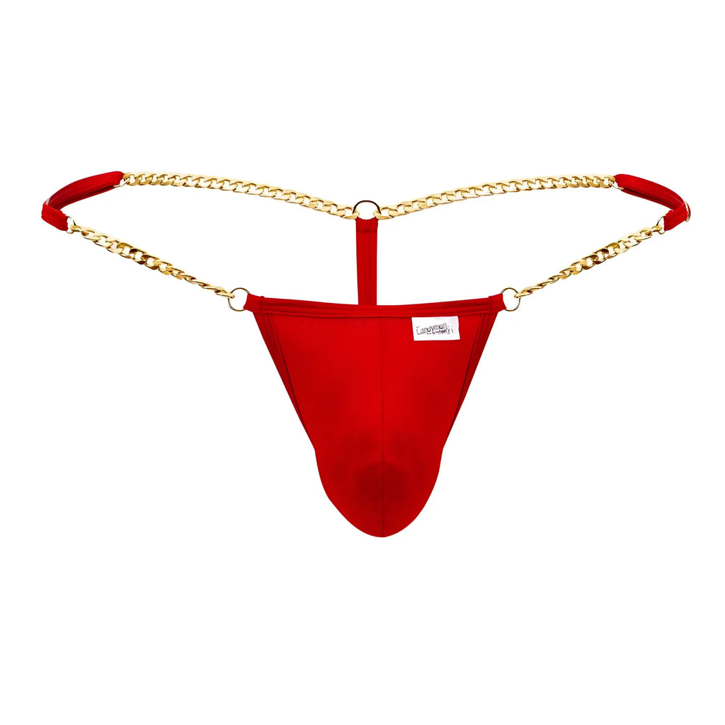 Red fabric thong g-string with gold chain straps and red padded ends from candyman 99586 collection