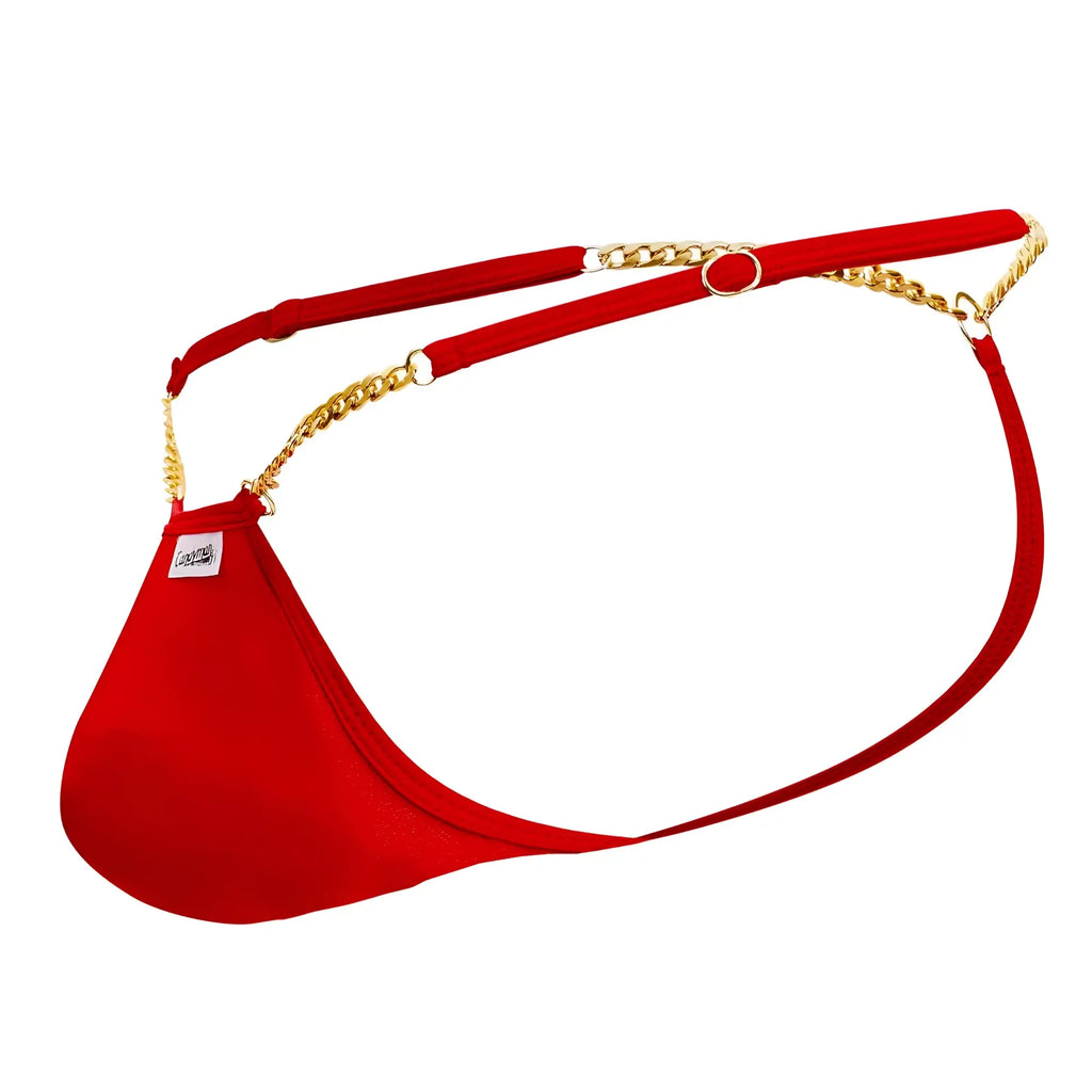 Red fabric thong g-string with gold chain straps and a small white label candyMan 99586 chain g-string color red