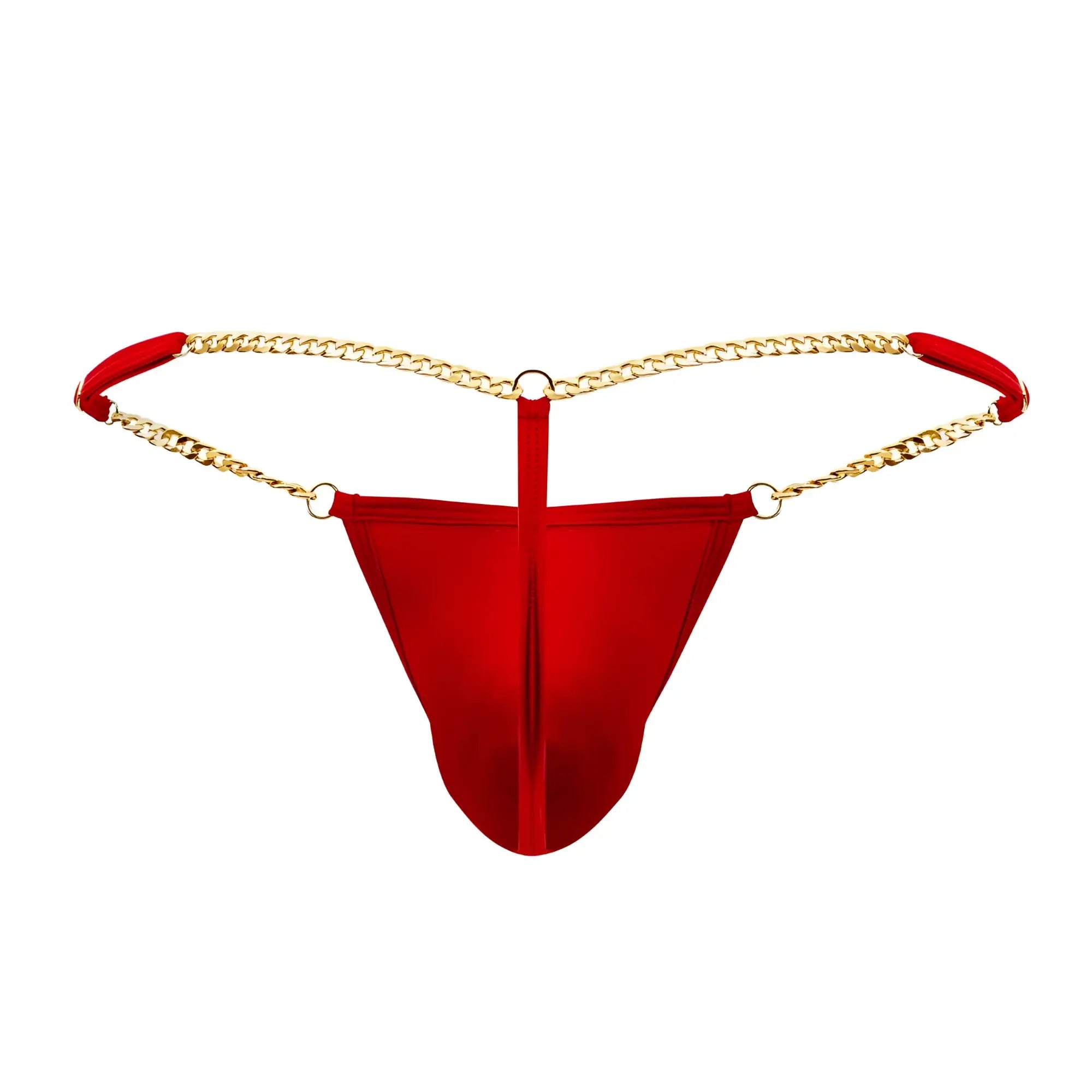 Red satin thong g-string candyMan 99586 with gold chain detailing and red fabric loops shown from the back side