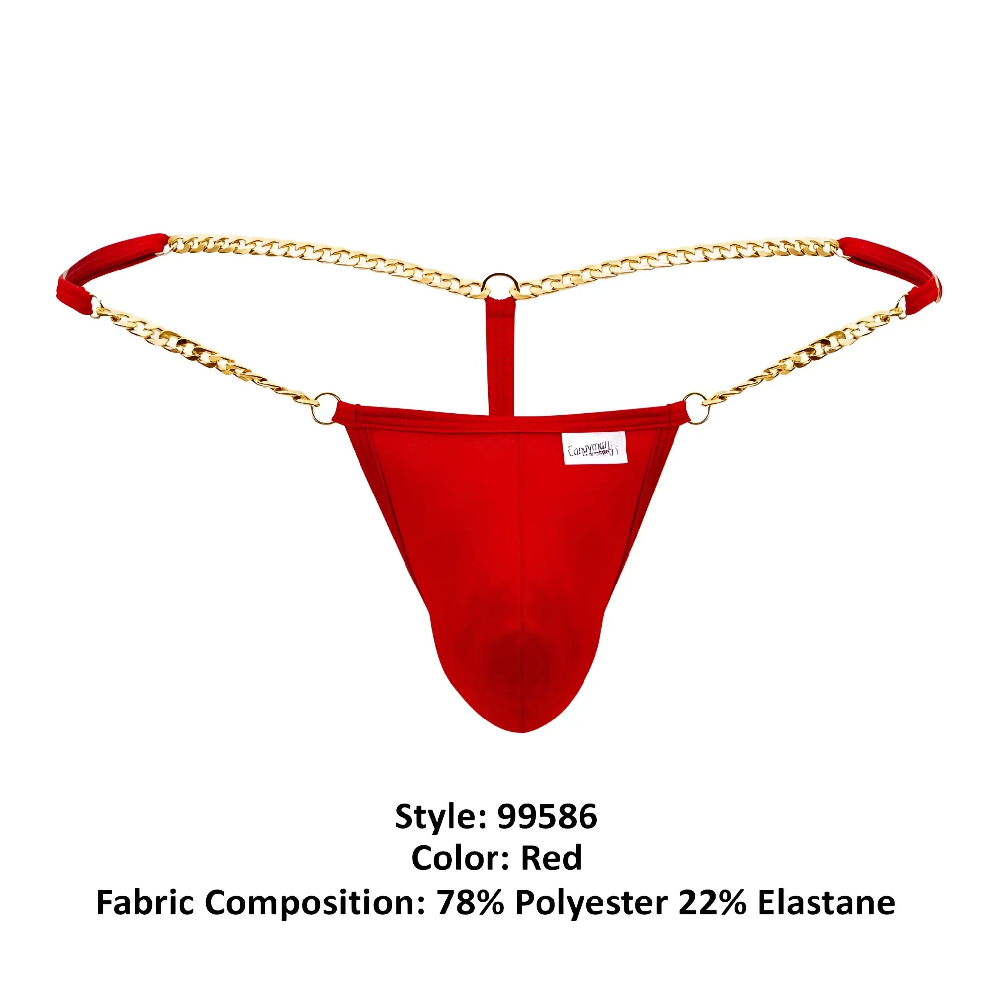 Red candyMan 99586 chain g-string thong with gold chain detailing and red fabric straps shown from the back