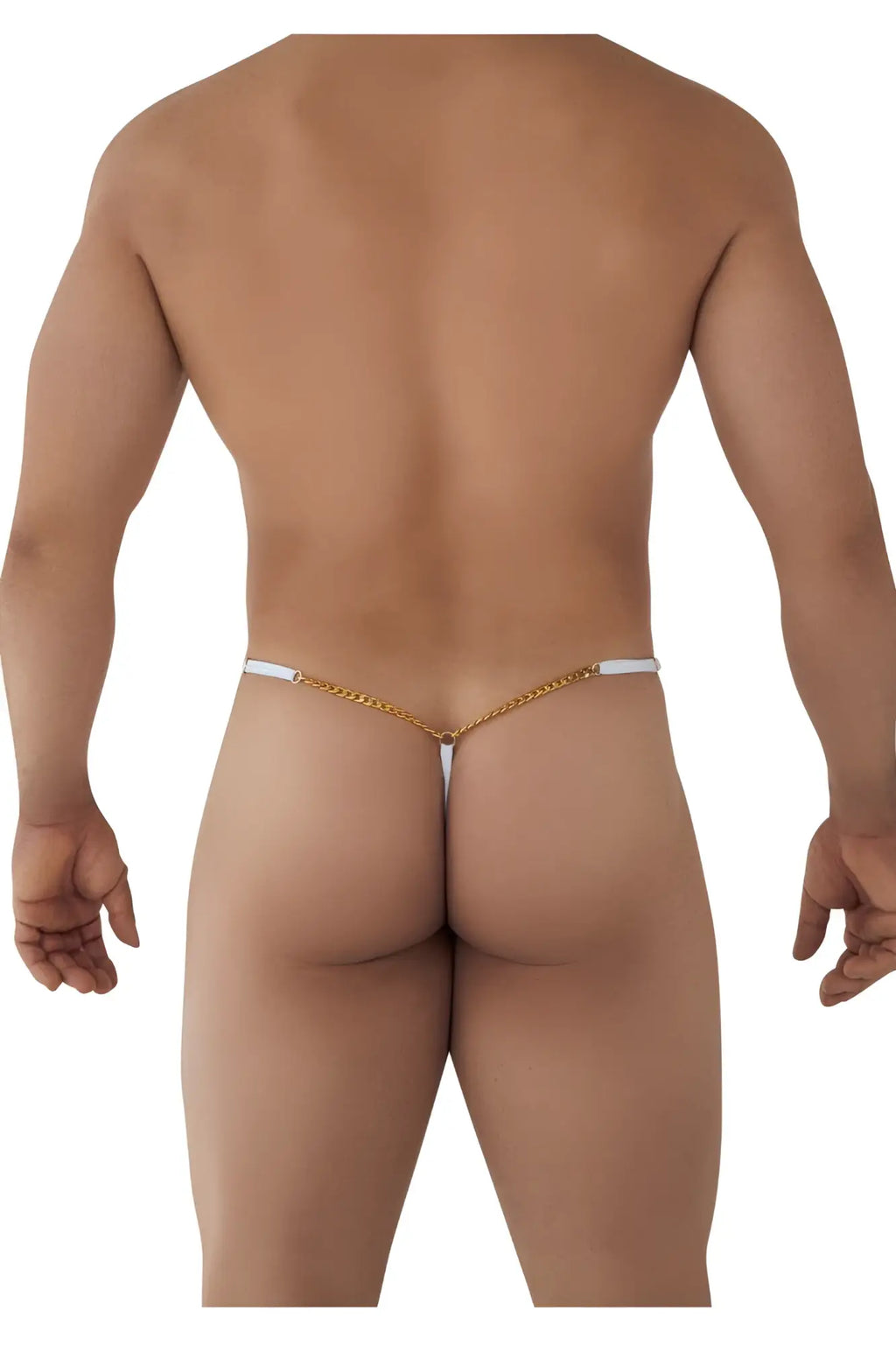 CandyMan 99586 chain g-string with gold chain and white elastic straps showing front side in white color