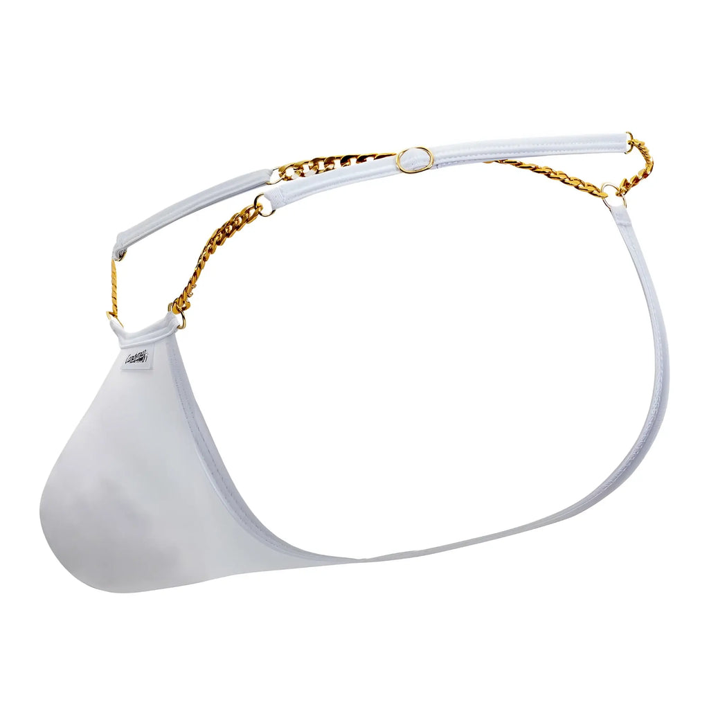 White mesh brief candy man 99586 chain g-string with gold chain strap showing front side detail