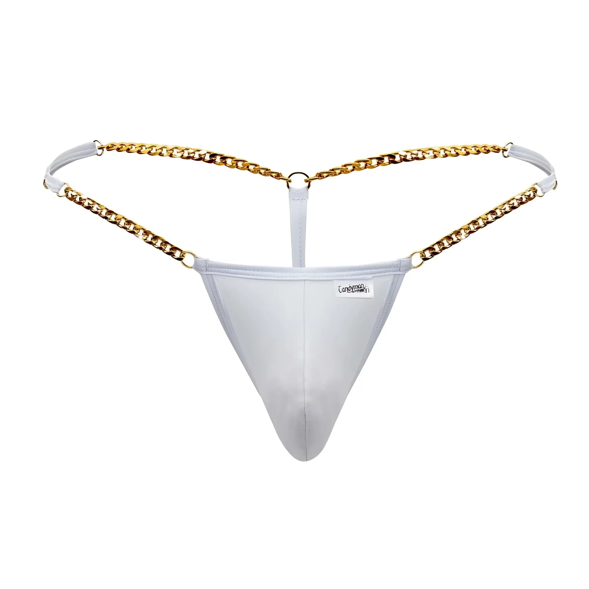 White mesh thong with gold chain detailing from candyman 99586 chain g-string in white shown from the back side