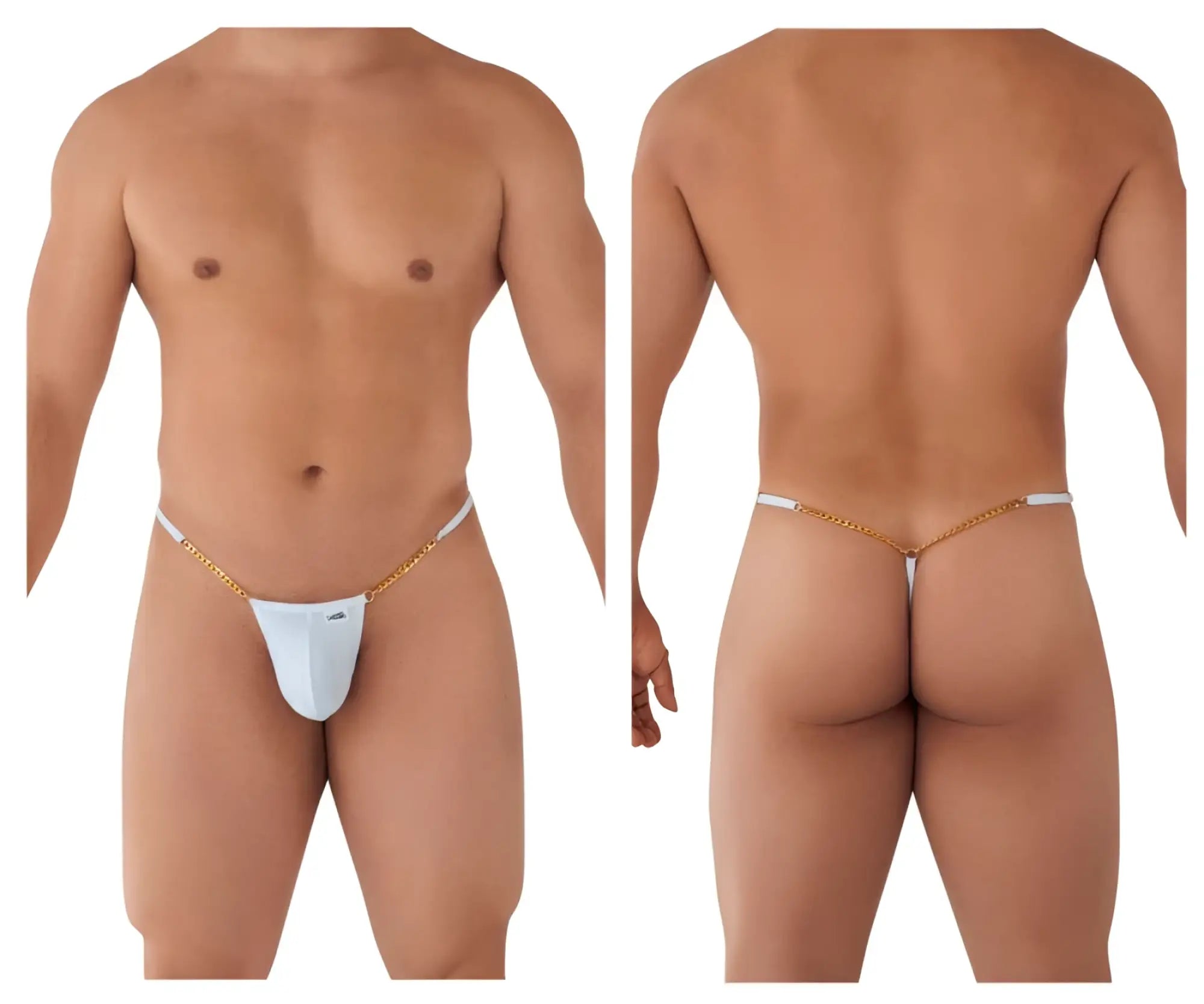 White thong with gold chain detailing from CandyMan 99586 chain G-string showing the back side of the product