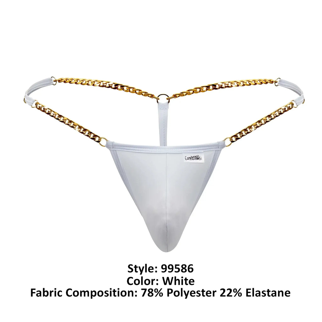White CandyMan 99586 chain G-string thong with gold chain detailing showing front side design