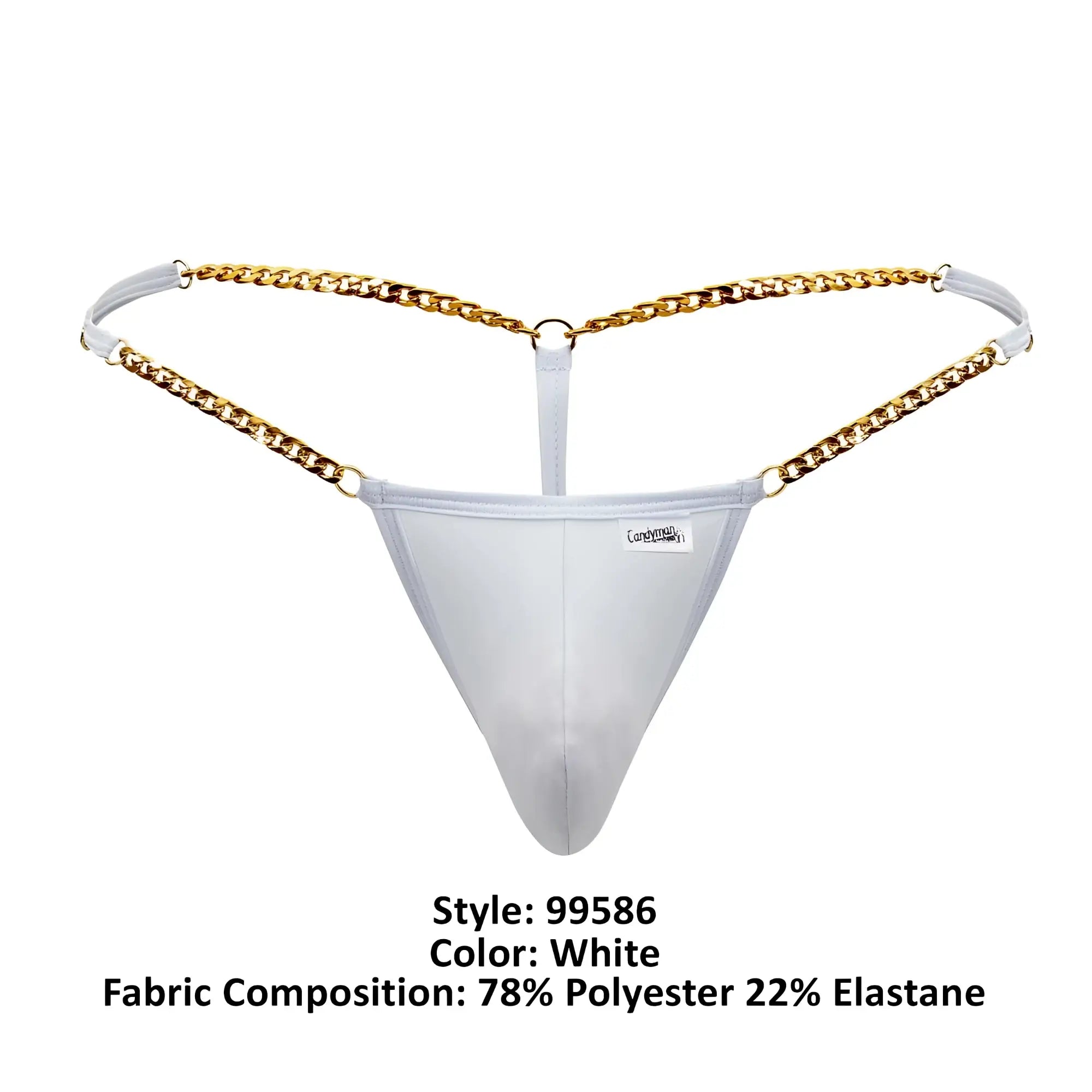 White CandyMan 99586 chain G-string thong with gold chain detailing showing front side design