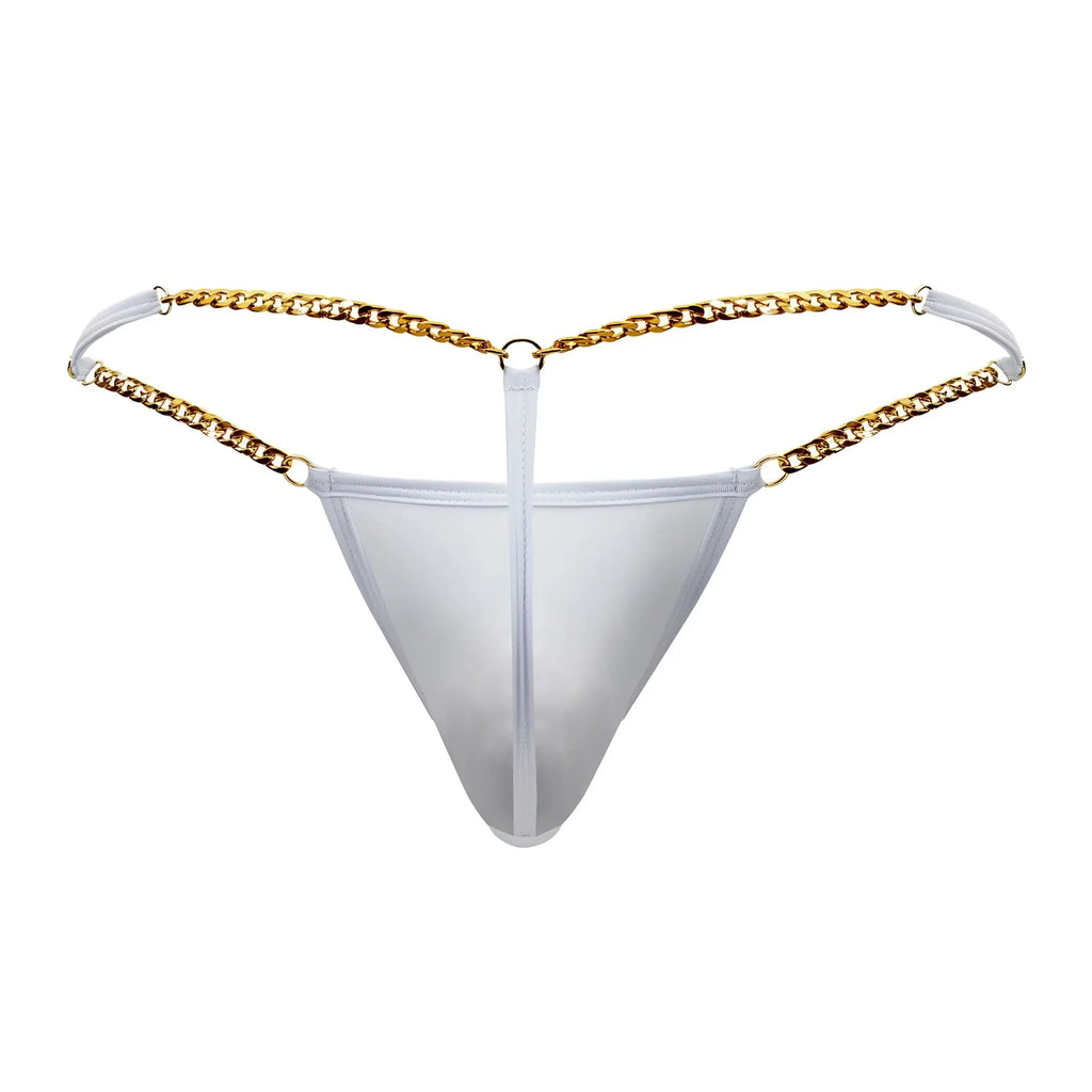 Transparent white mesh thong candy man 99586 chain g-string with gold chain straps visible from the front