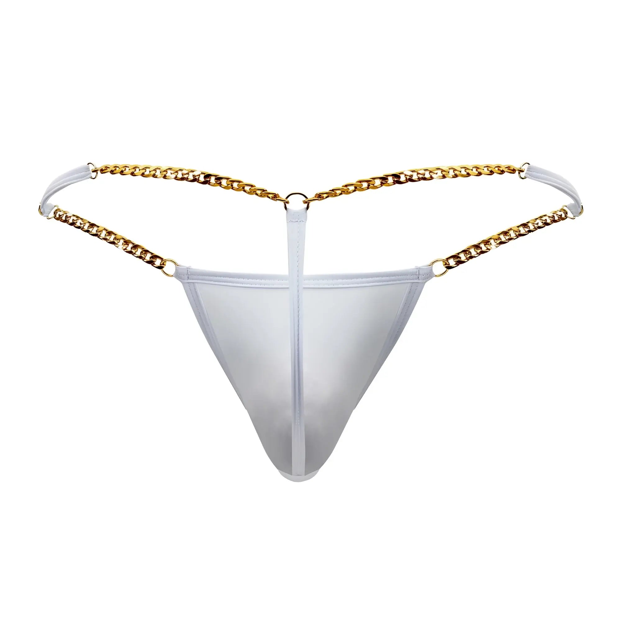 Transparent white mesh thong candy man 99586 chain g-string with gold chain straps visible from the front