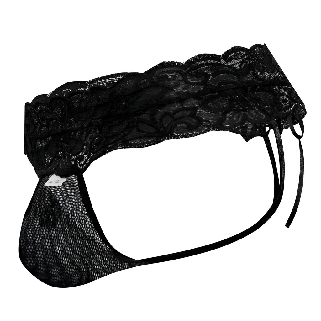 Black lace thong candyman 99595 with scalloped edge and mesh fabric in black shown from the front