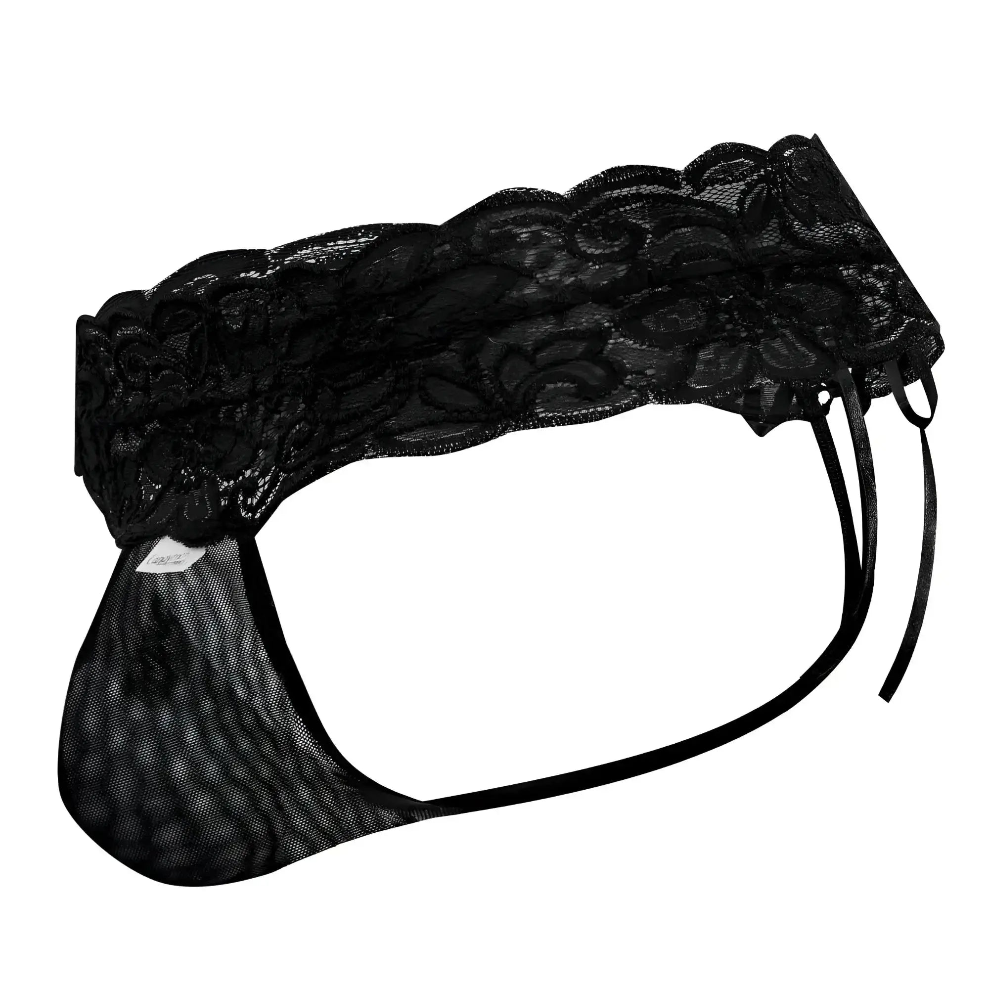 Black lace thong candyman 99595 with scalloped edge and mesh fabric in black shown from the front