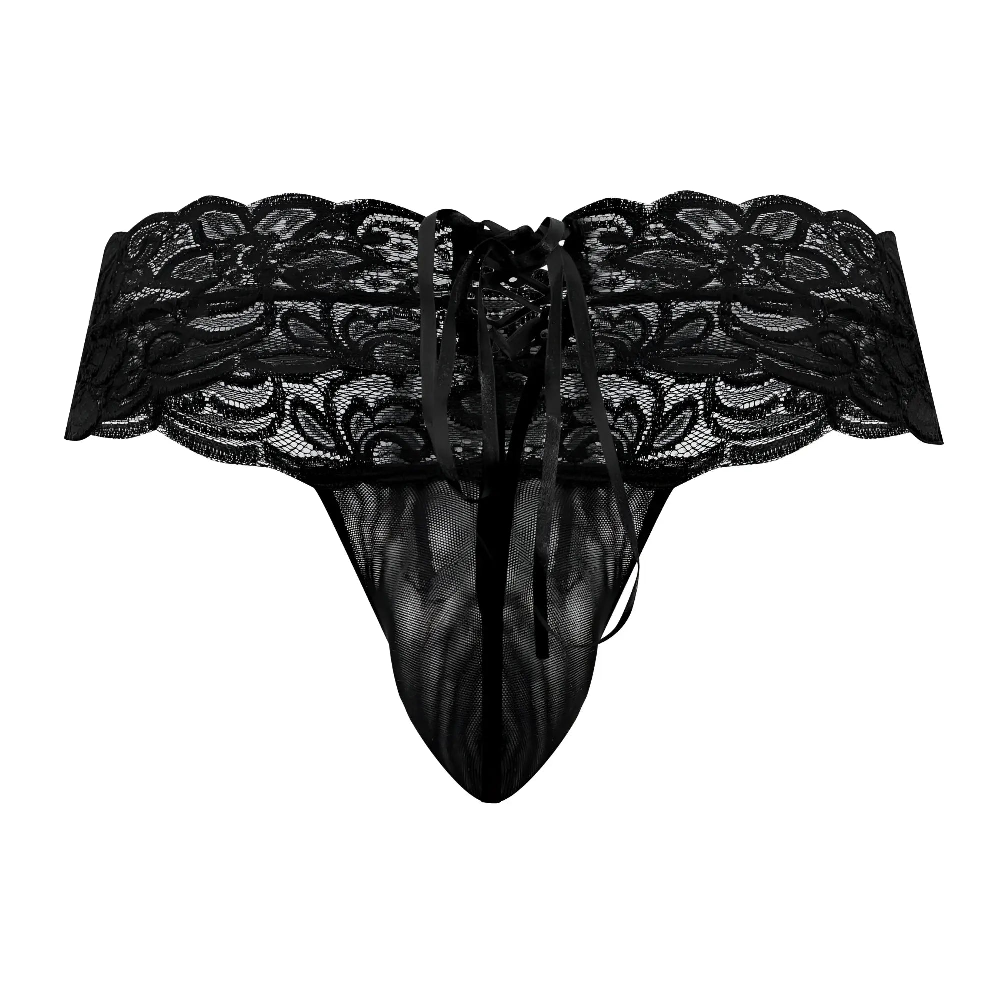 CandyMan 99595 black lace thong with intricate floral patterns and tied waistband shown from the back side