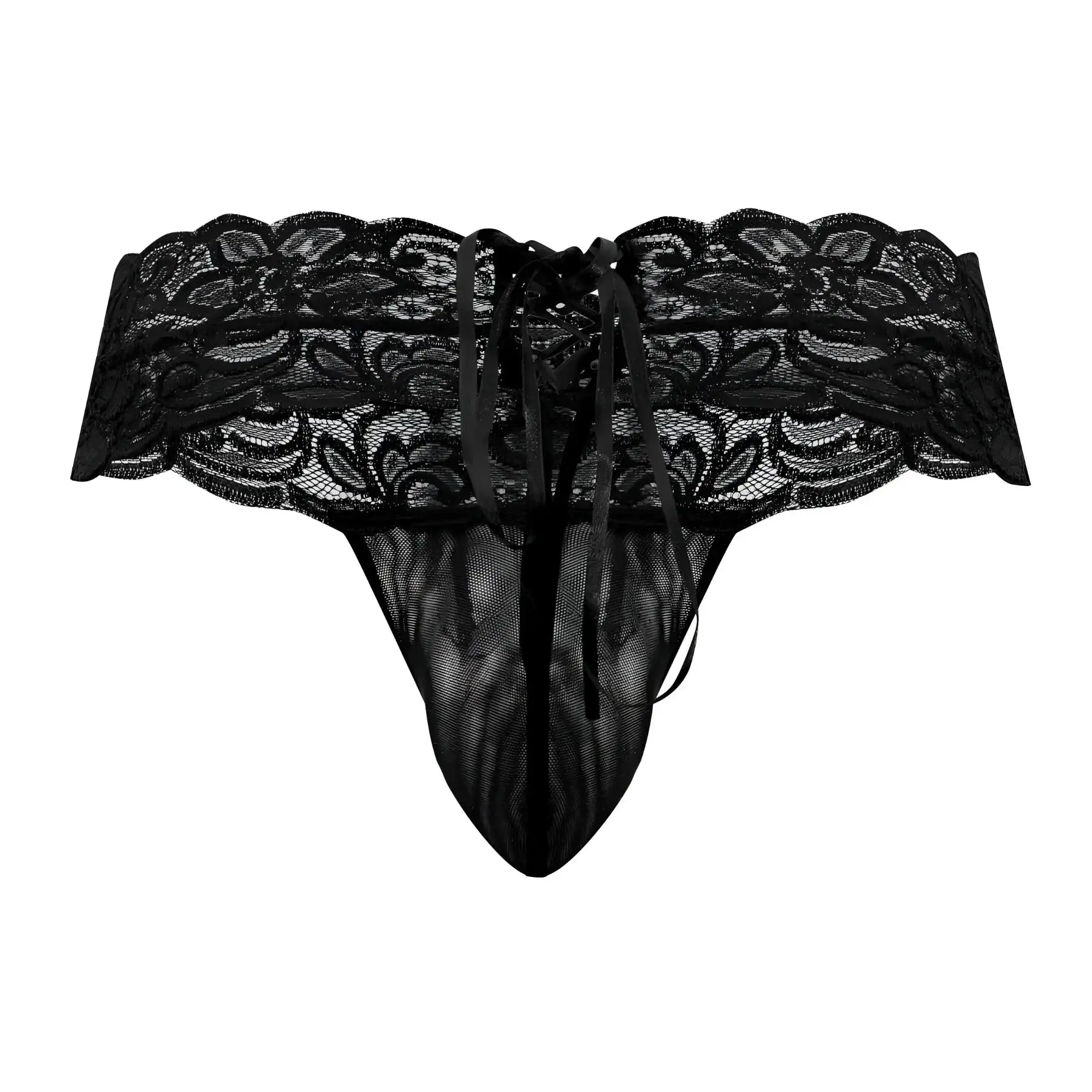 CandyMan 99595 black lace thong with intricate floral patterns and tied waistband shown from the back side