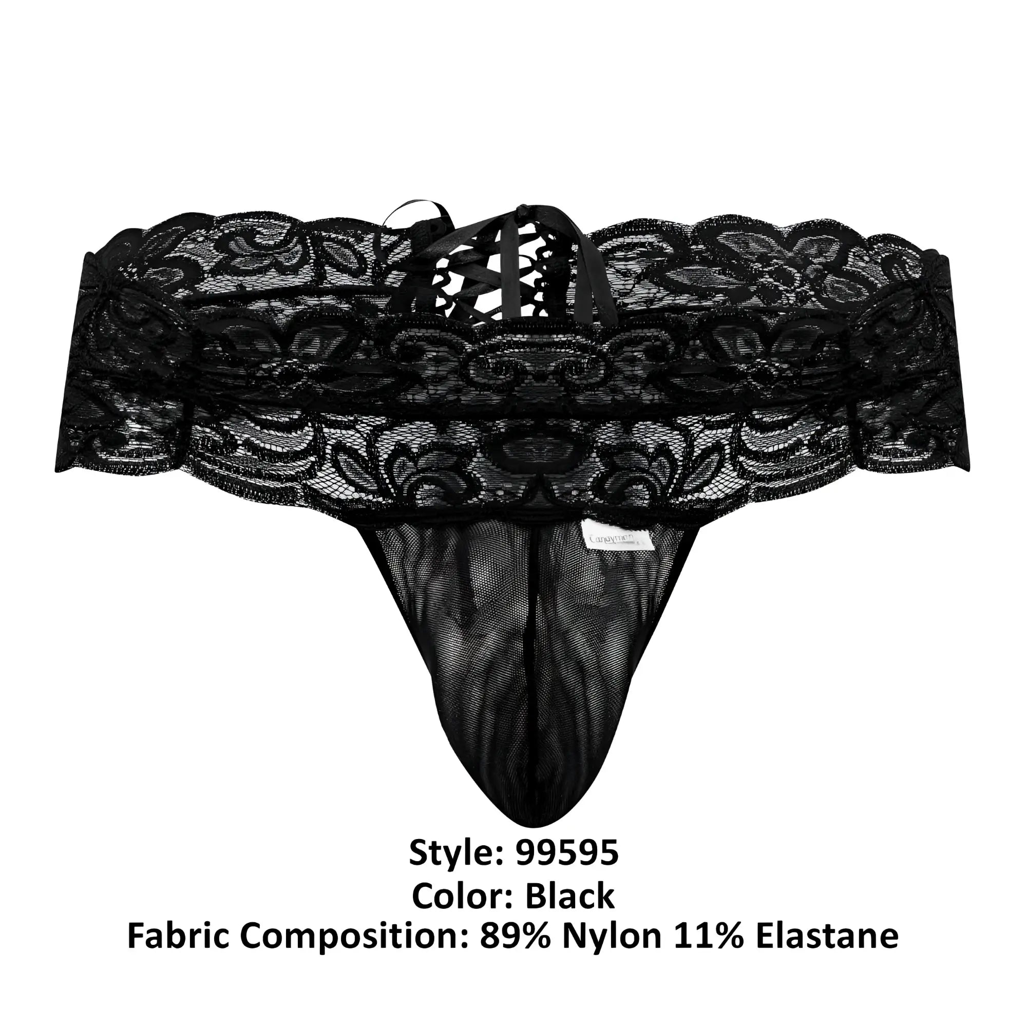 Black lace thong candyman 99595 with intricate floral patterns and mesh front panel in black color
