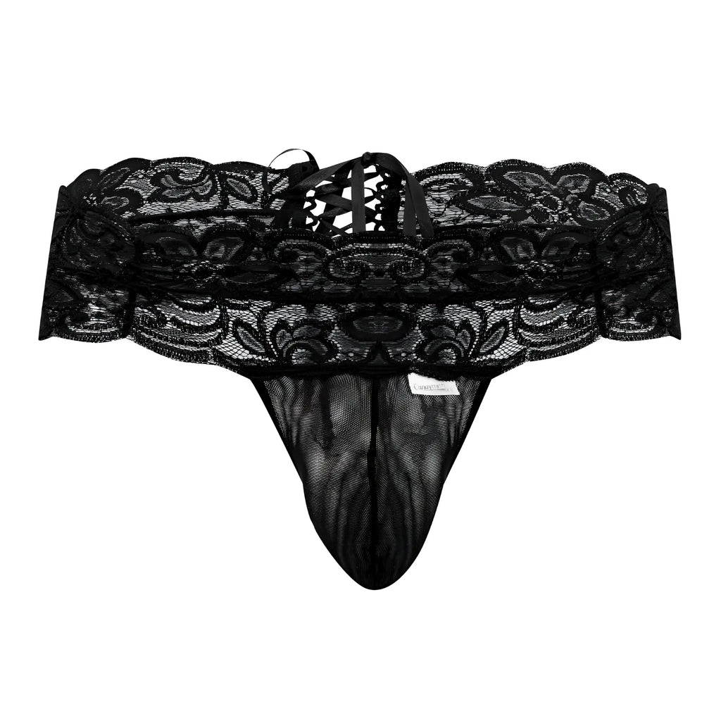 Black lace thong CandyMan 99595 with intricate floral patterns and mesh front in black lace material