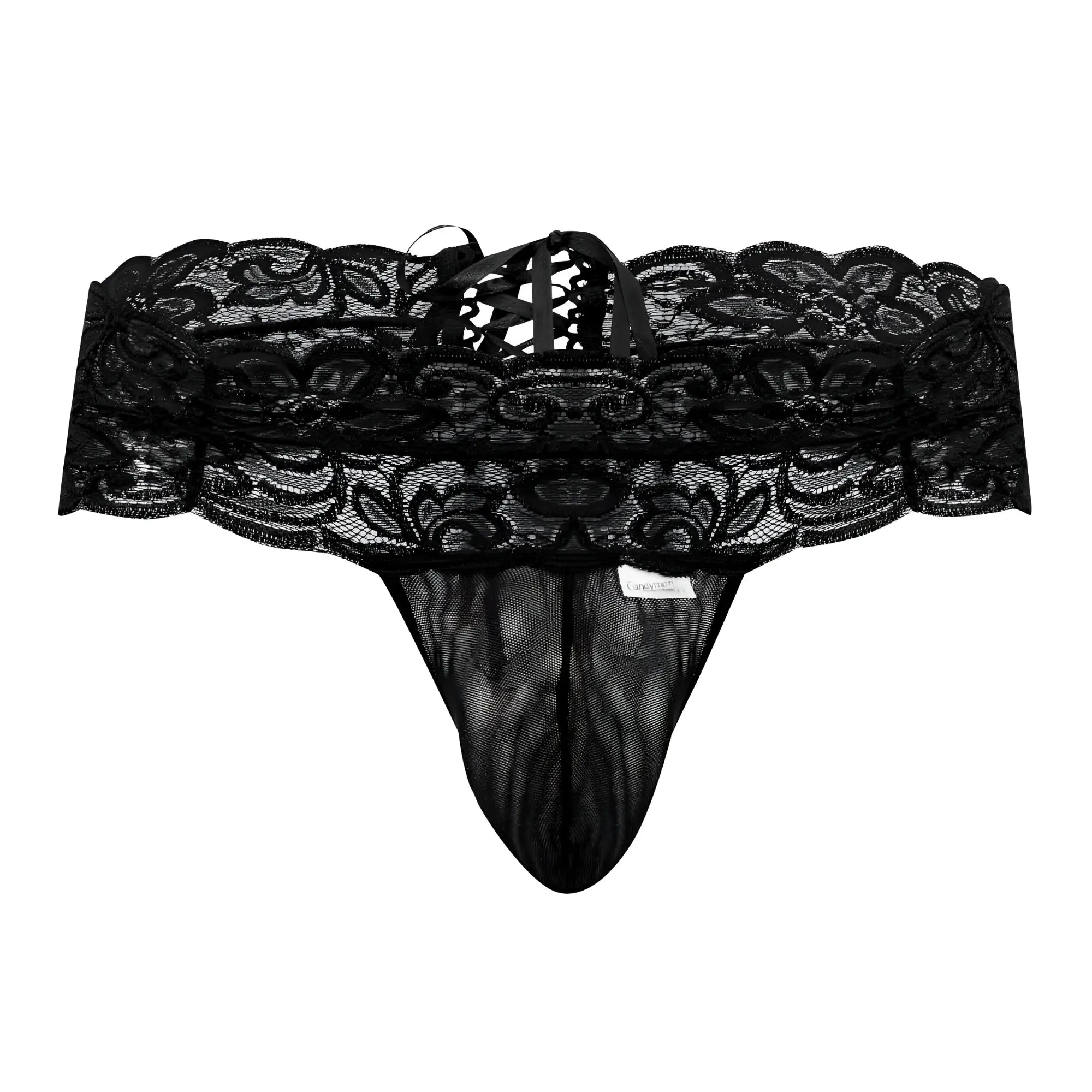 Black lace thong CandyMan 99595 with intricate floral patterns and mesh front in black lace material