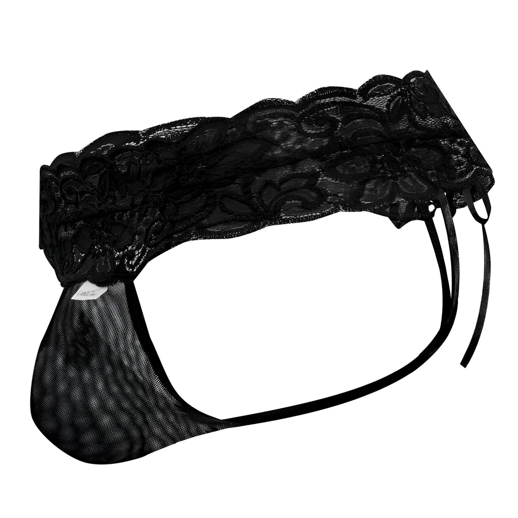 Black lace thong candyman 99595 with scalloped edge and mesh fabric in black shown from the front