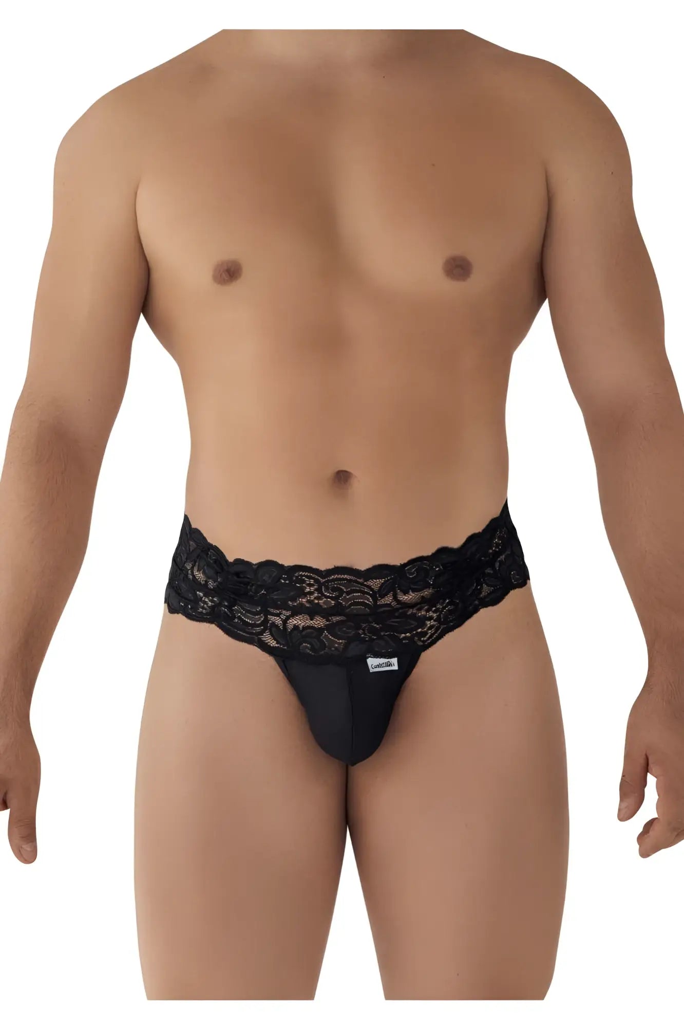 Black lace-trimmed CandyMan 99595 men’s thong with sleek form-fitting design in black shown from the back side