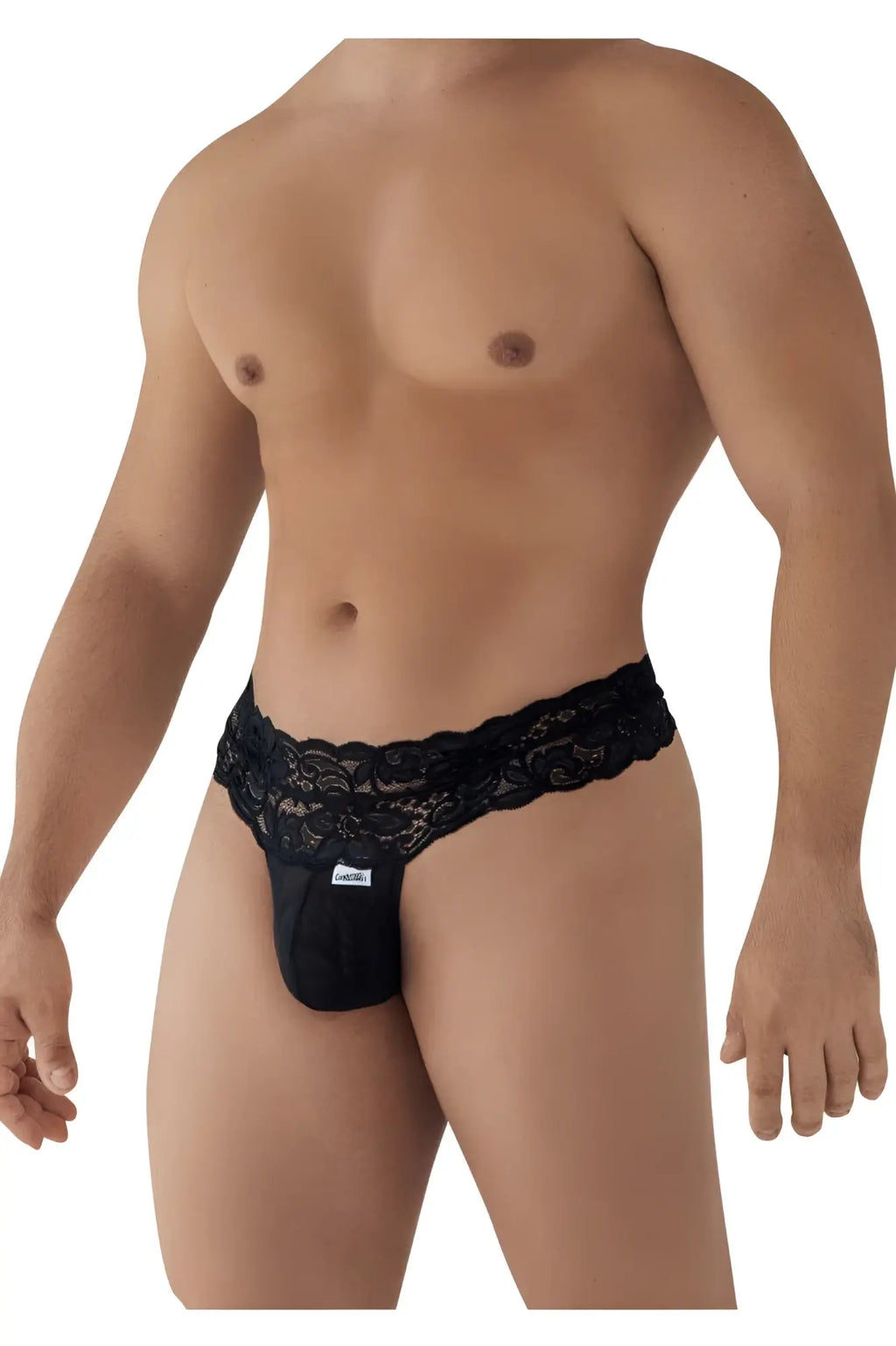 Black lace-trimmed CandyMan 99595 men’s thong in solid black fabric with embroidered brand tag visible