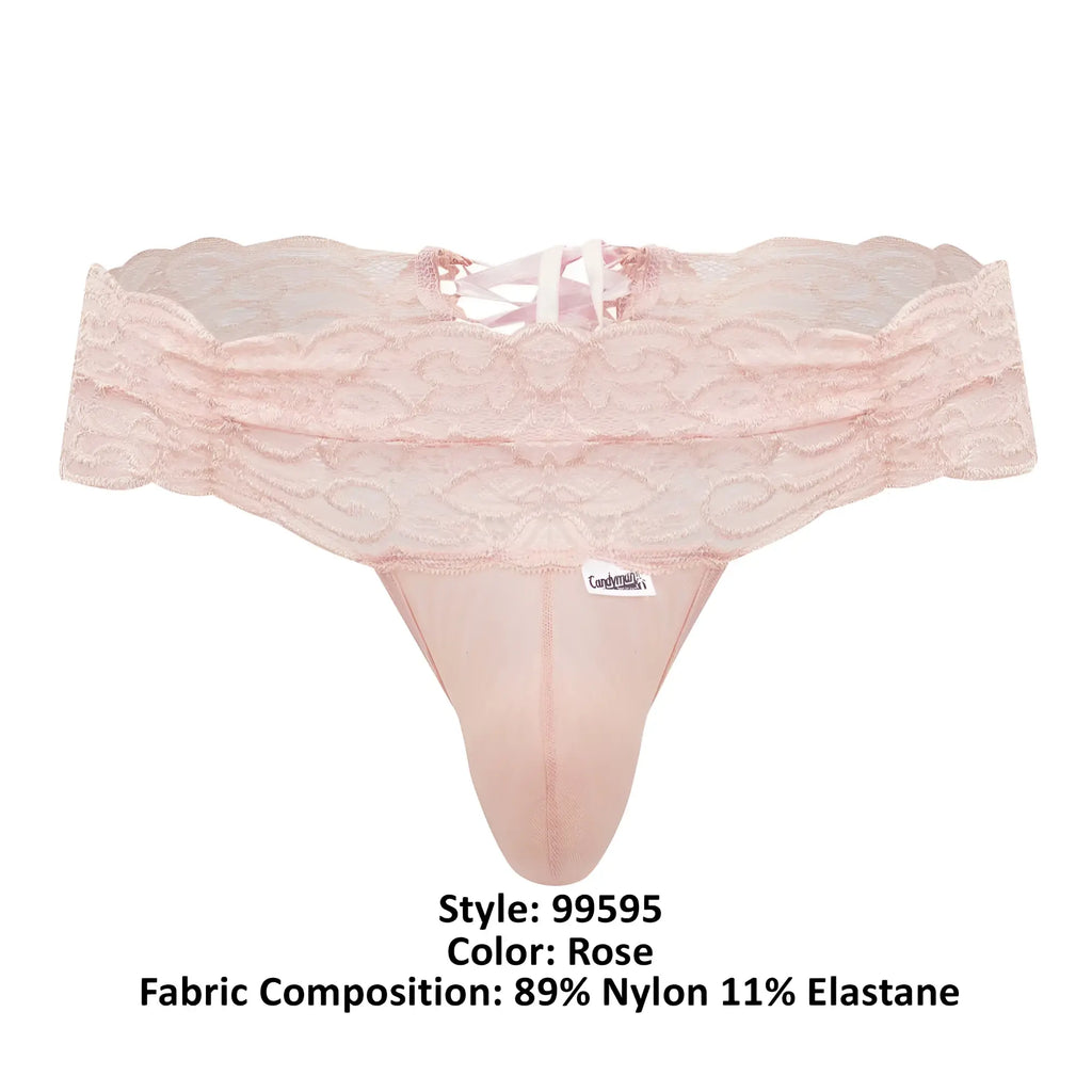 Rose-colored candyMan 99595 lace thong made of sheer nylon and elastane blend showing front view