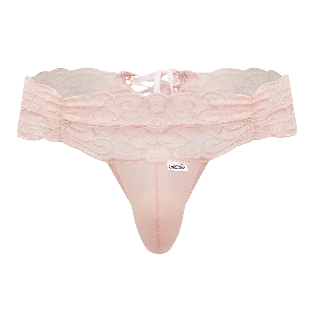 A delicate pink lace thong candy man 99595 rose color with scalloped edge and matching satin fabric