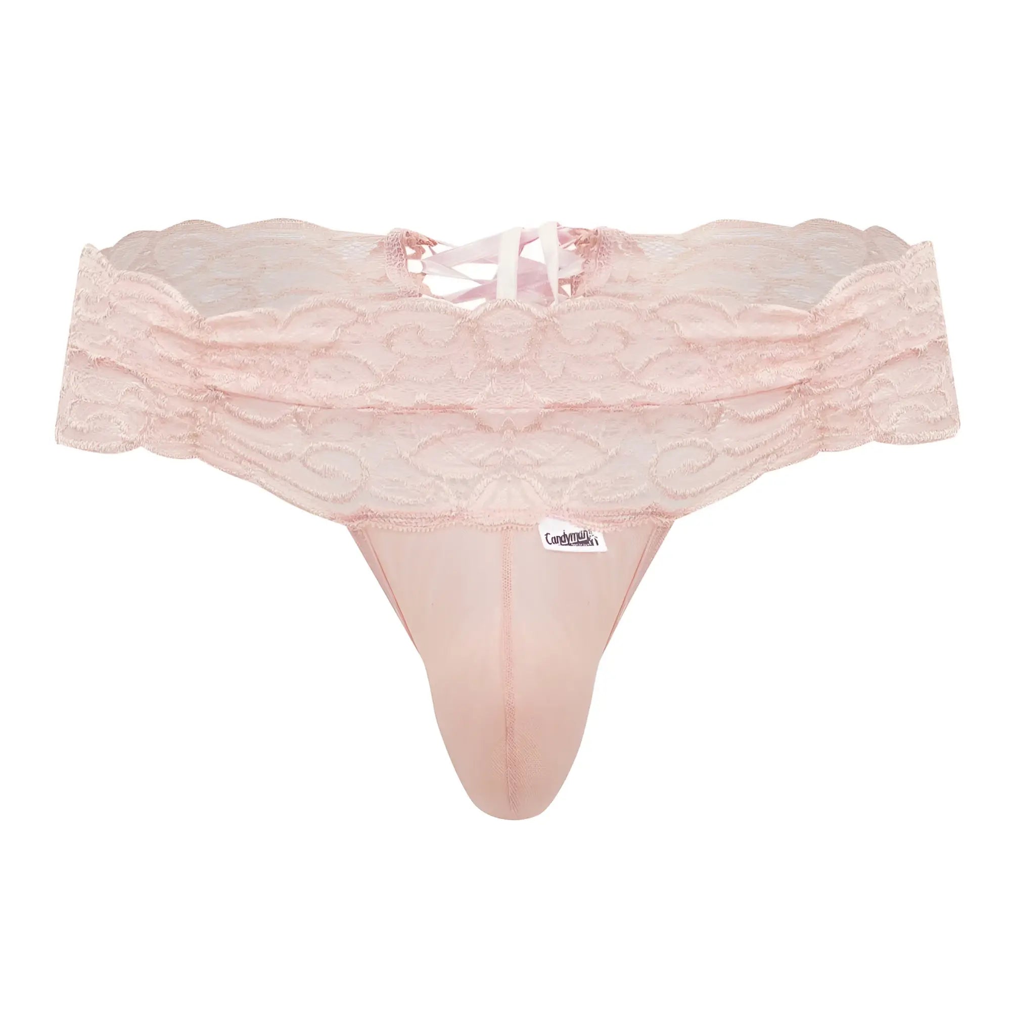 A delicate pink lace thong candy man 99595 rose color with scalloped edge and matching satin fabric