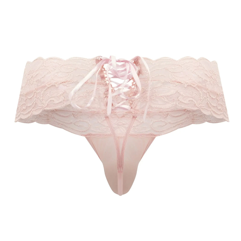 CandyMan 99595 rose lace thong with delicate scalloped edge and matching satin ribbon lacing in front view