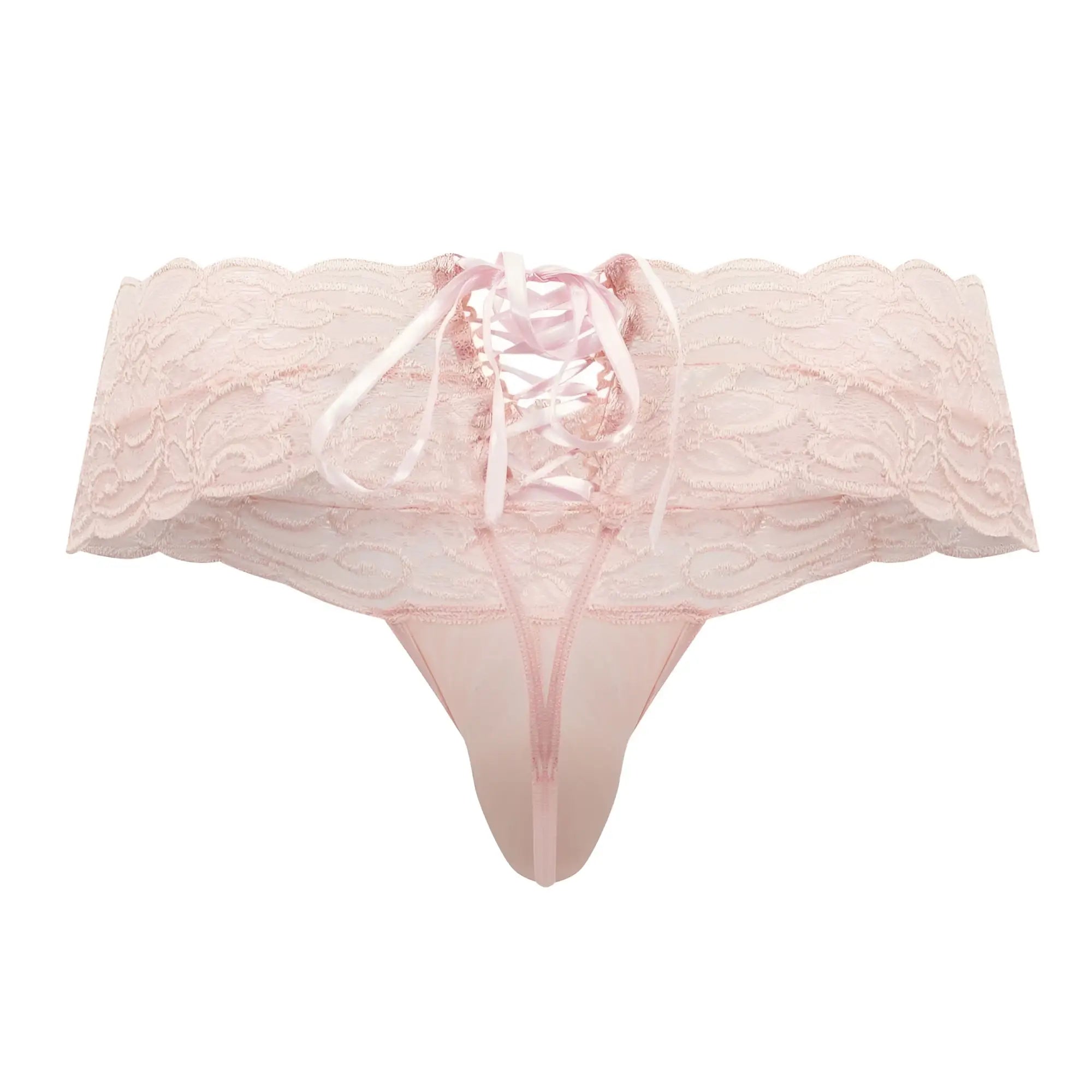 CandyMan 99595 rose lace thong with delicate scalloped edge and matching satin ribbon lacing in front view