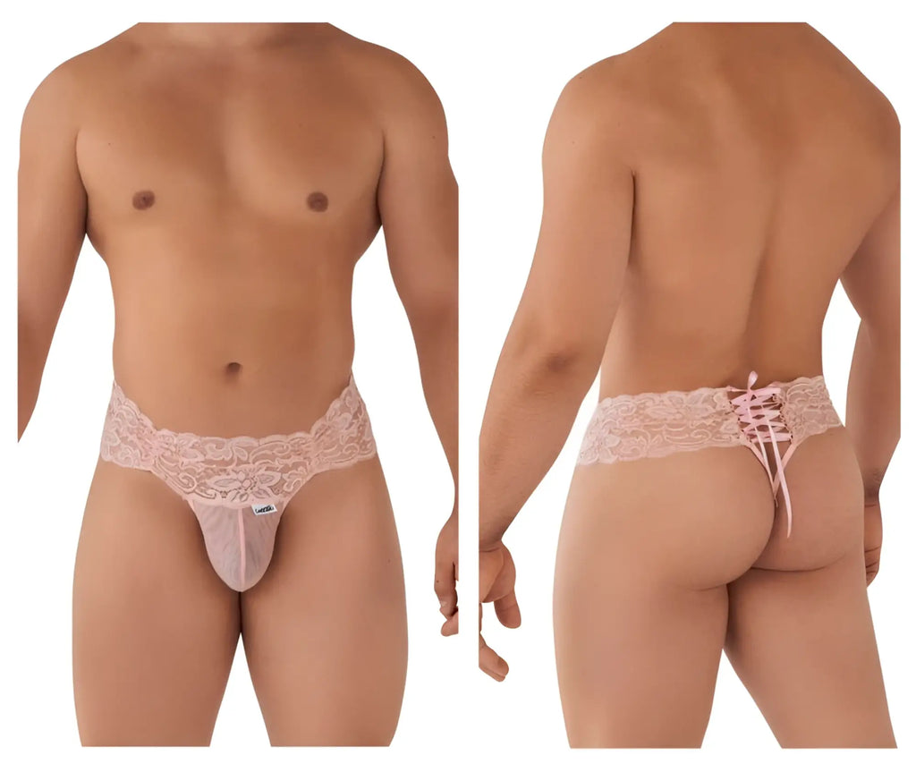 CandyMan 99595 lace thong in rose with sheer mesh front and back and floral embroidery on the waistband